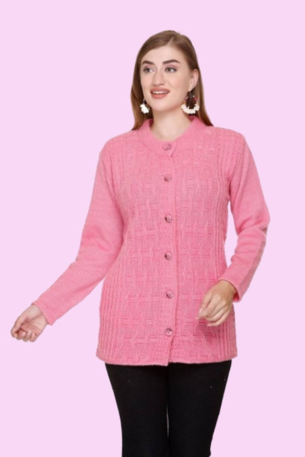Biwu Self Design Crew Neck Casual Women Pink Sweater