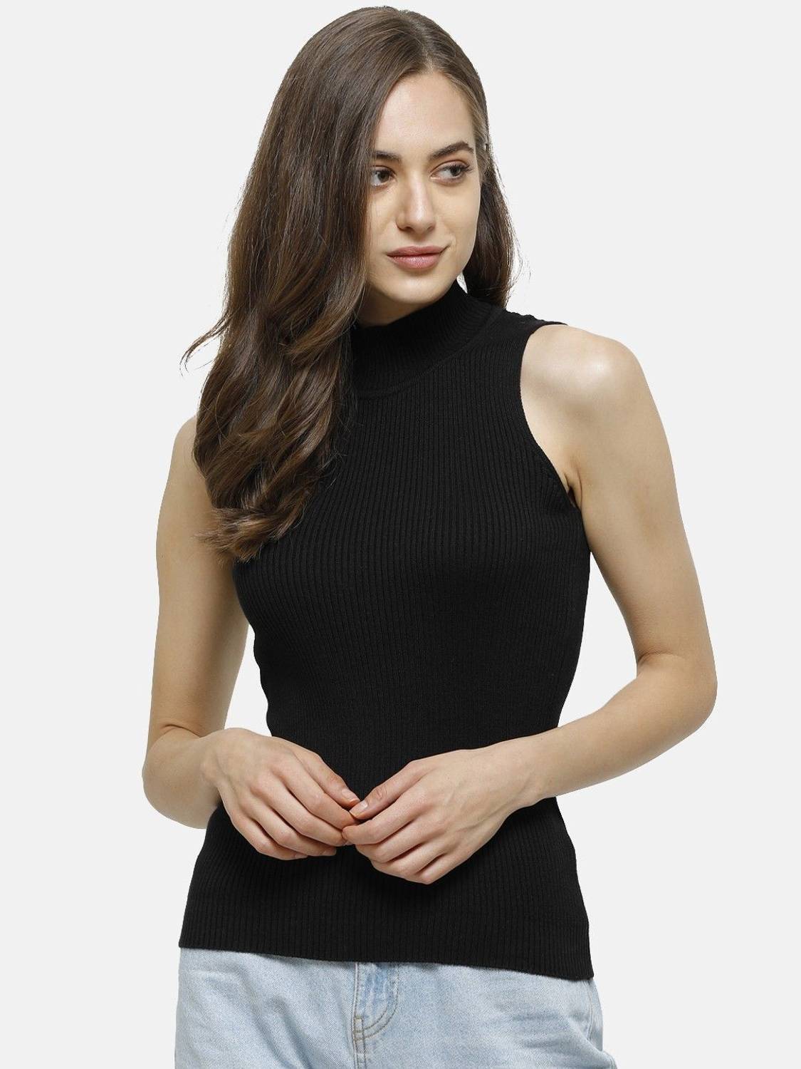 98 Degree North Self Design High Neck Casual Women Black Sweater
