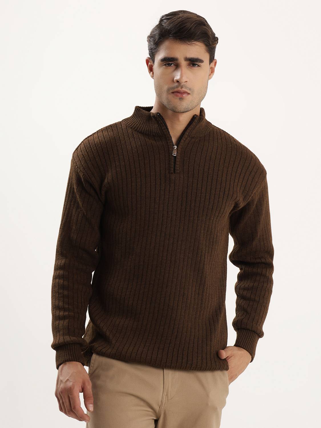 kveto Men Brown High Neck Casual Sweater - Image 1