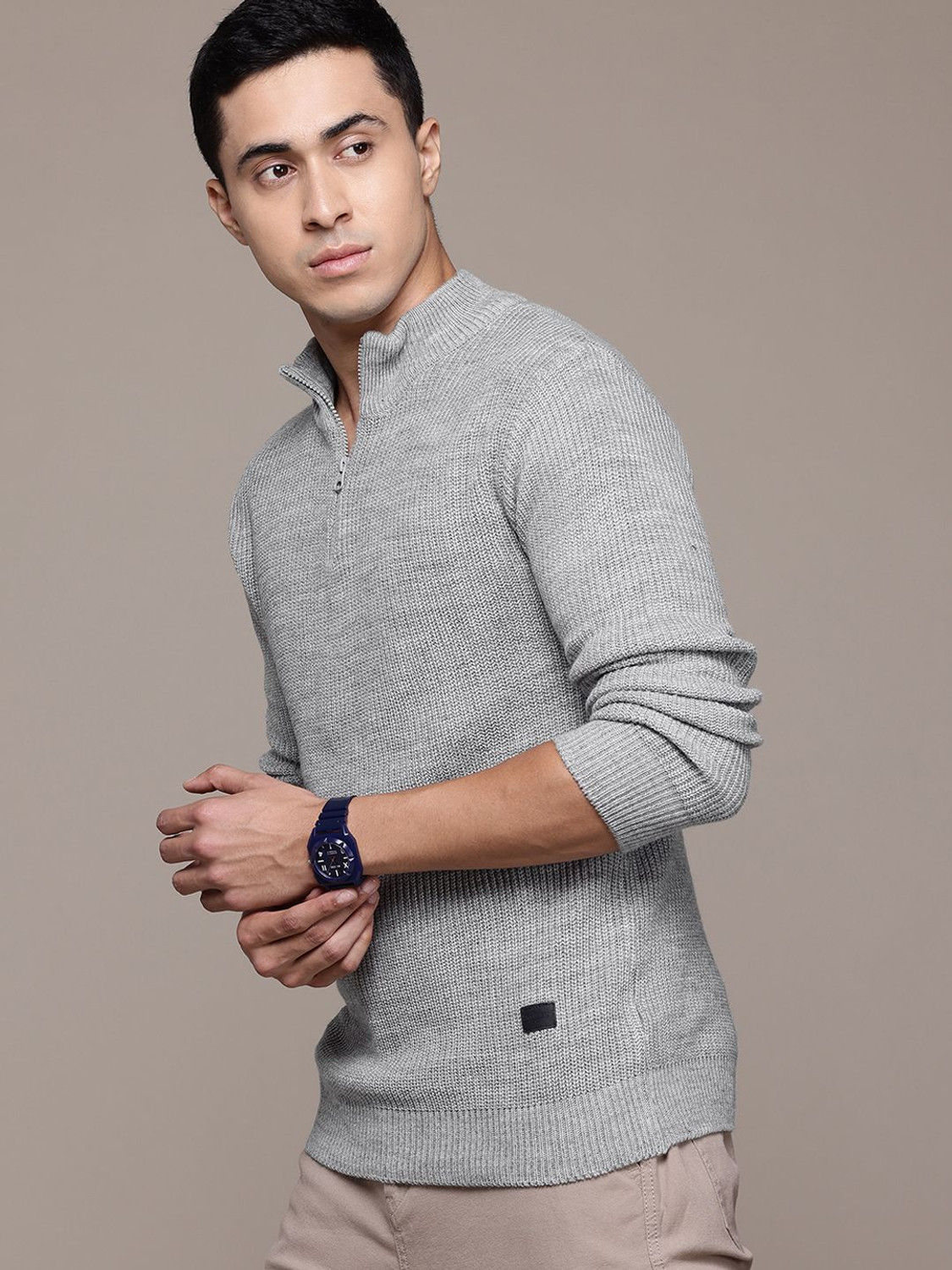 Image of Roadster Colorblock Keyhole Neck Casual Men Grey Sweater