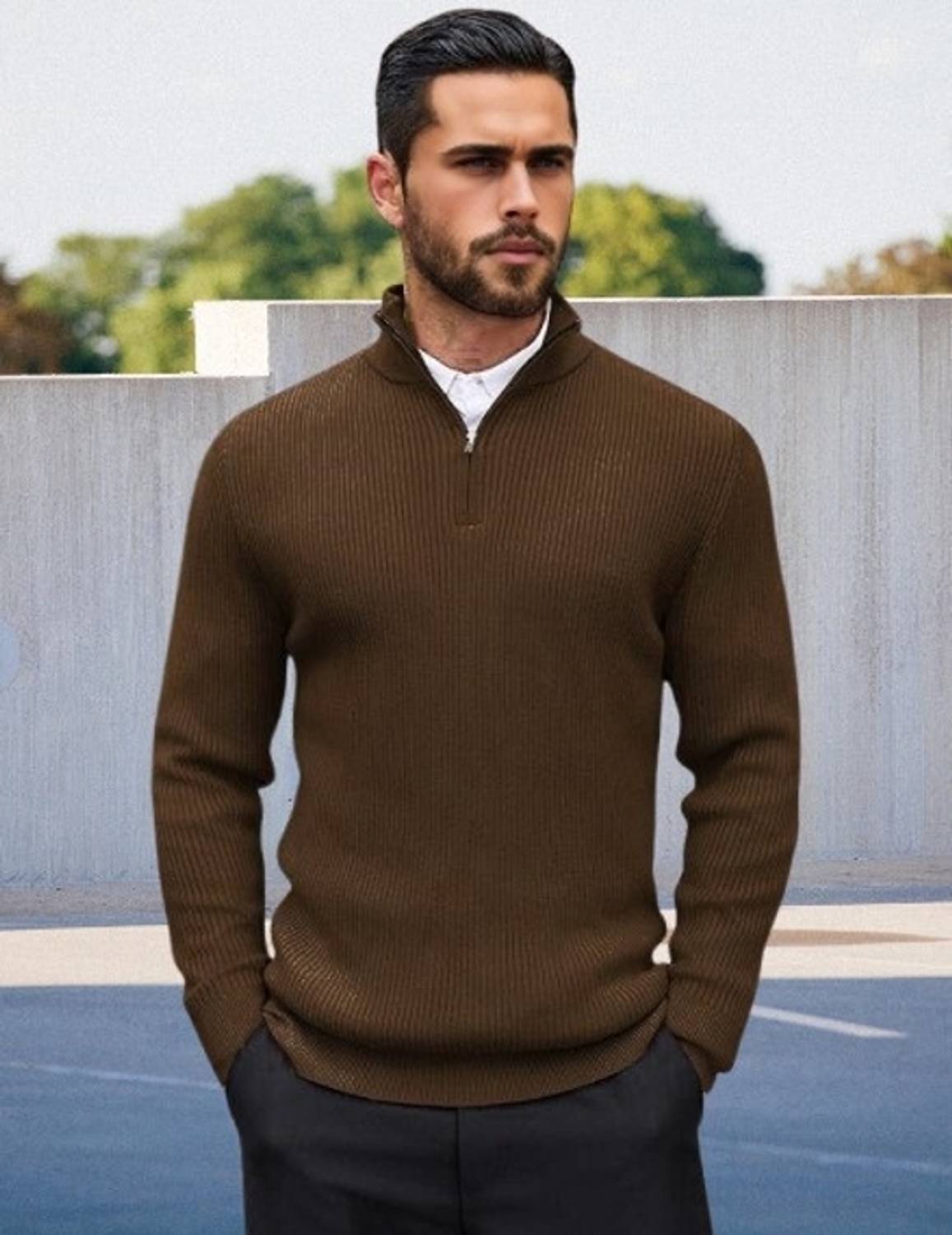 ColorChakra Solid Collared Men's Brown Sweater - Image 3