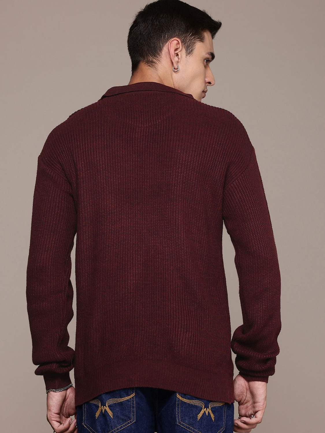 Image of Roadster Solid Collared Neck Casual Men Maroon Sweater
