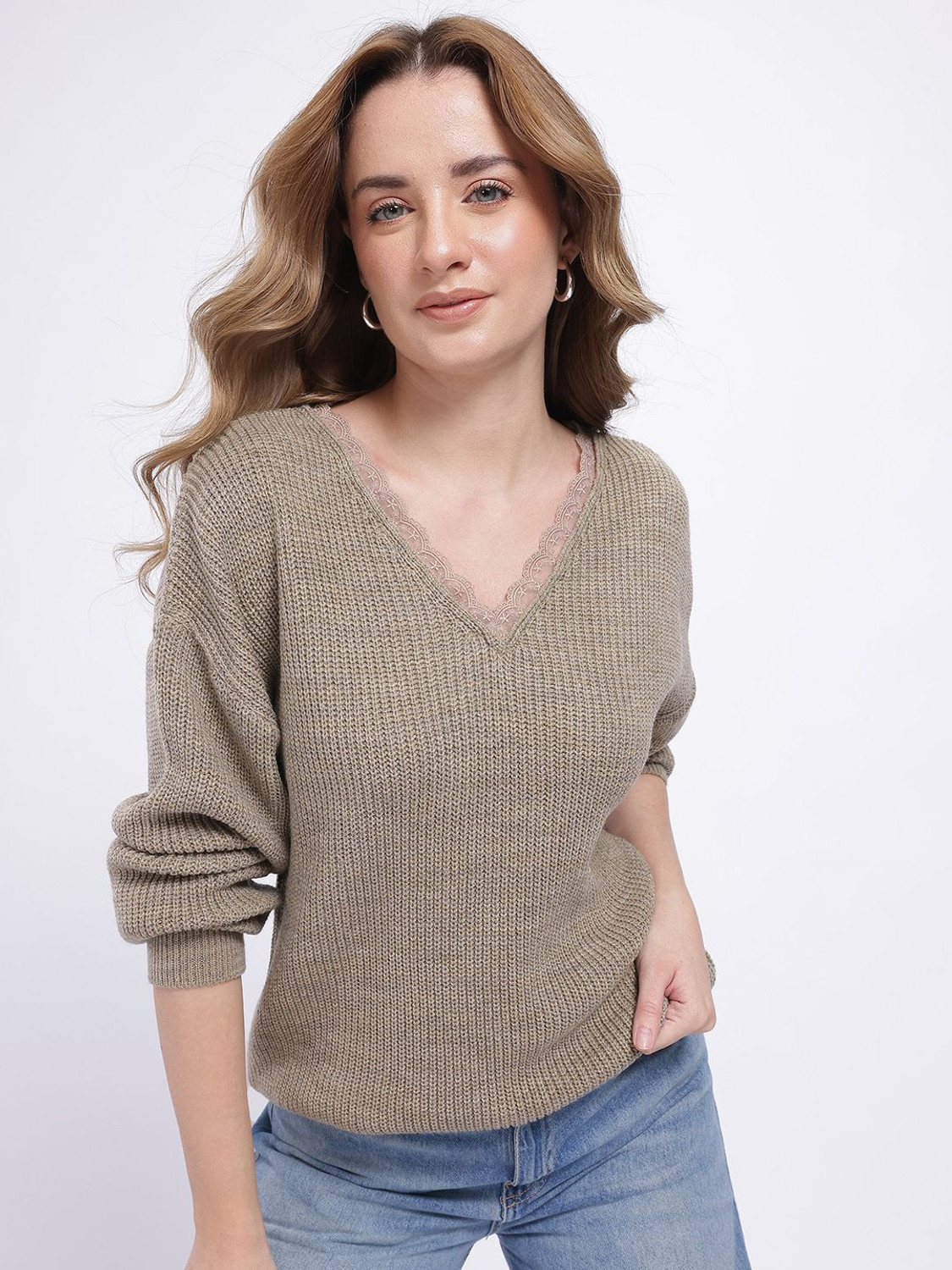 Image of Glitchez Self Design V Neck Casual Women Grey Sweater