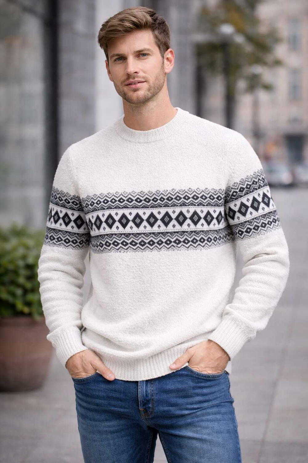 Image of COTFYNE Printed Round Neck Casual Men White Sweater