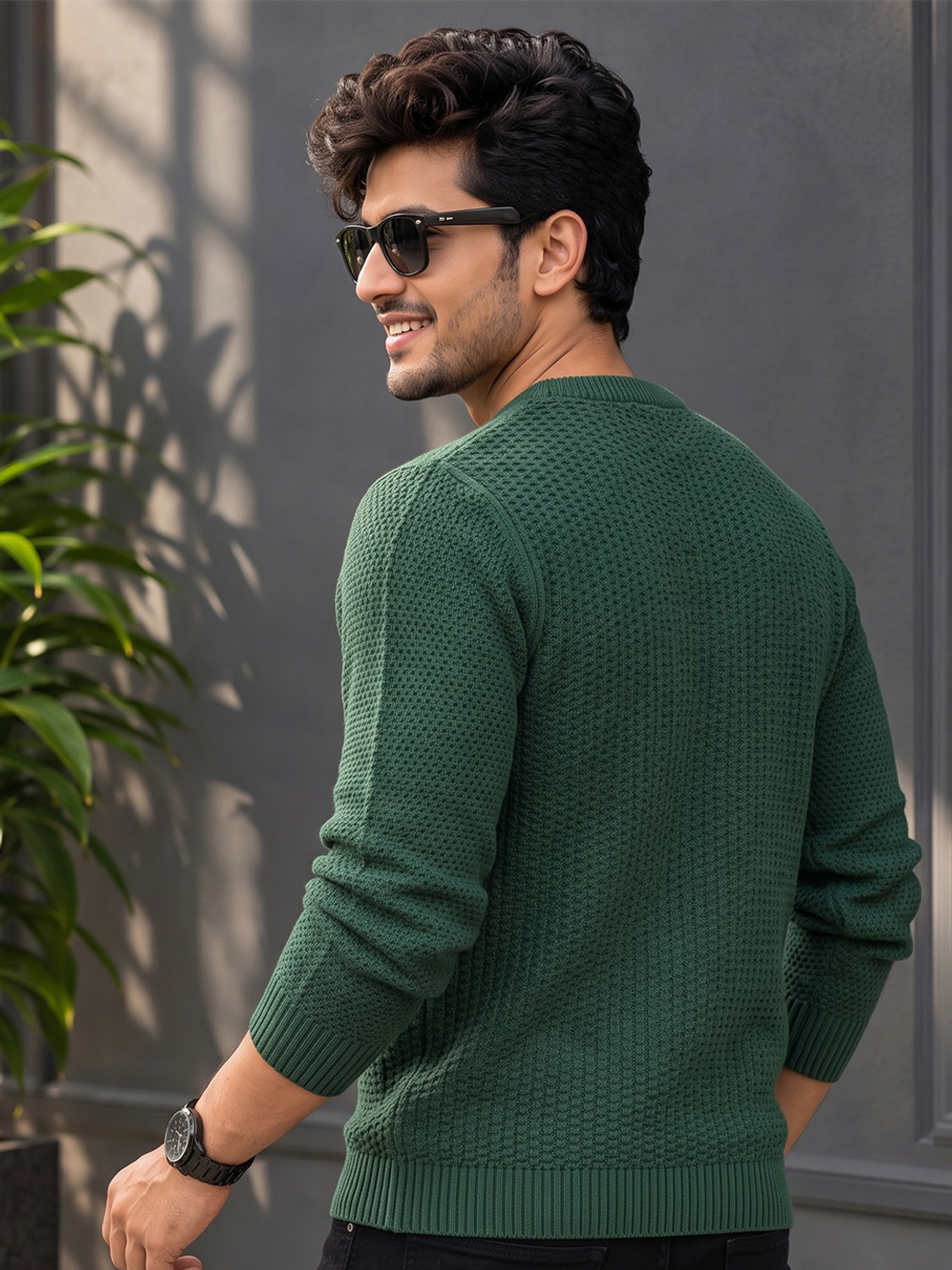 Image of AIN6 Men Self Design Round Neck Green Sweater