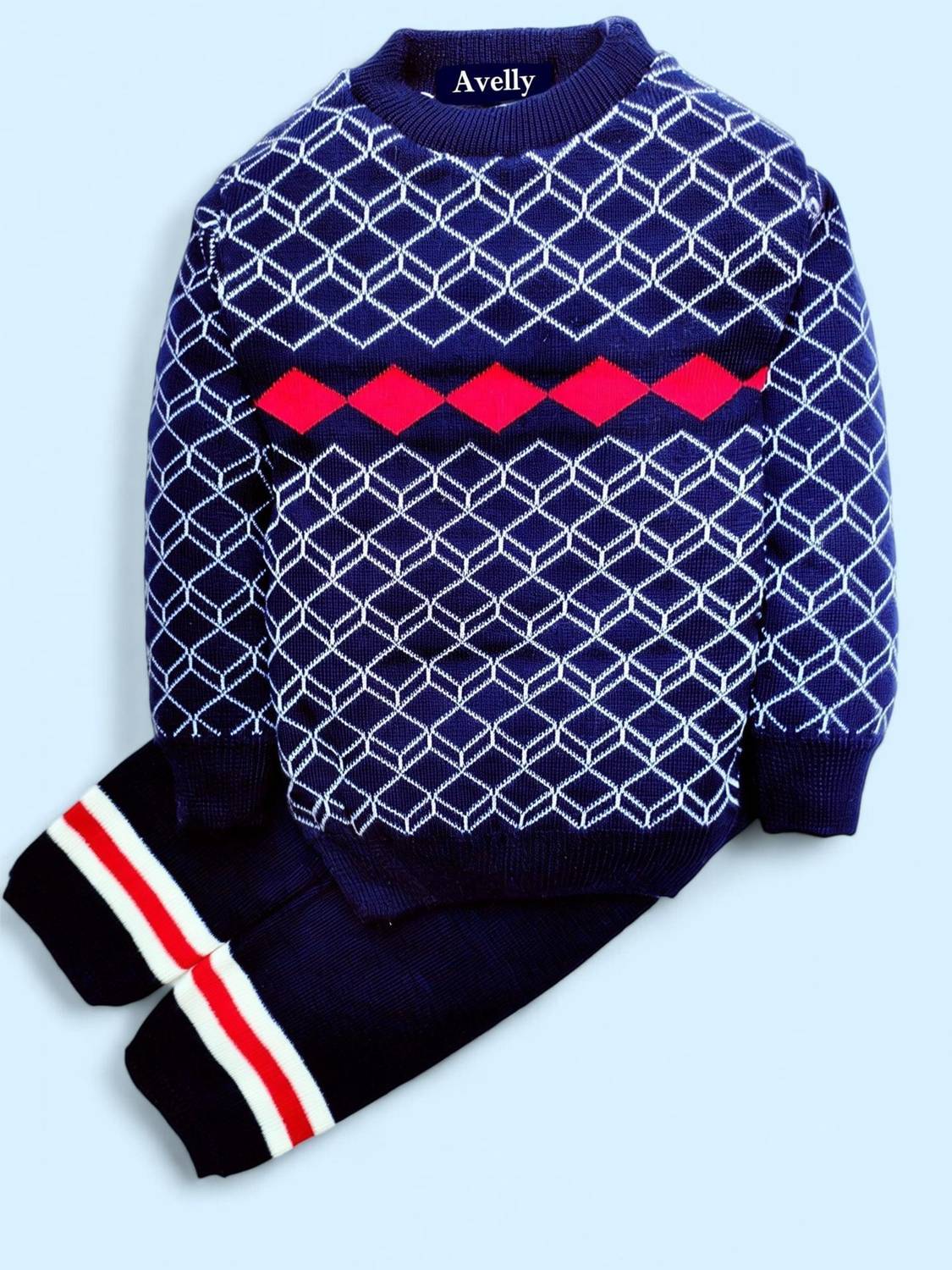 Avelly Printed Round Neck Casual Baby Boys Dark Blue Sweater