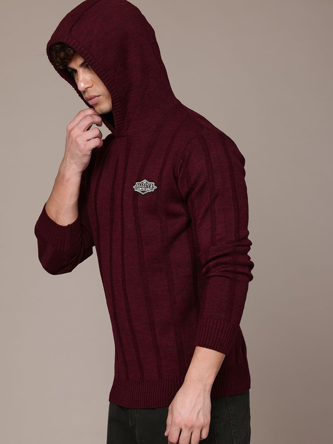 Image of Roadster Printed Hooded Neck Casual Men Maroon Sweater