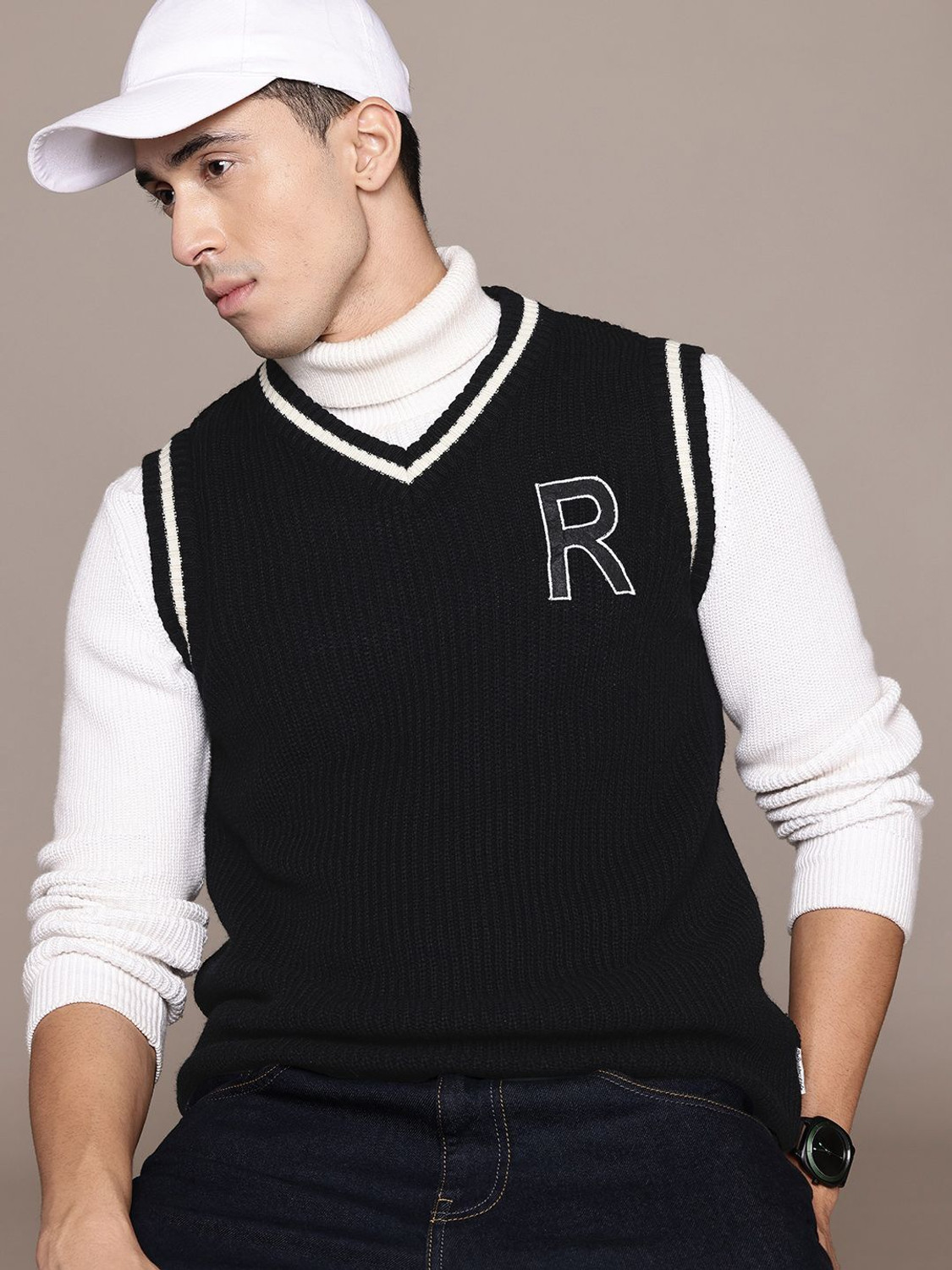 Image of Roadster Men Self Design V Neck Black Sweater