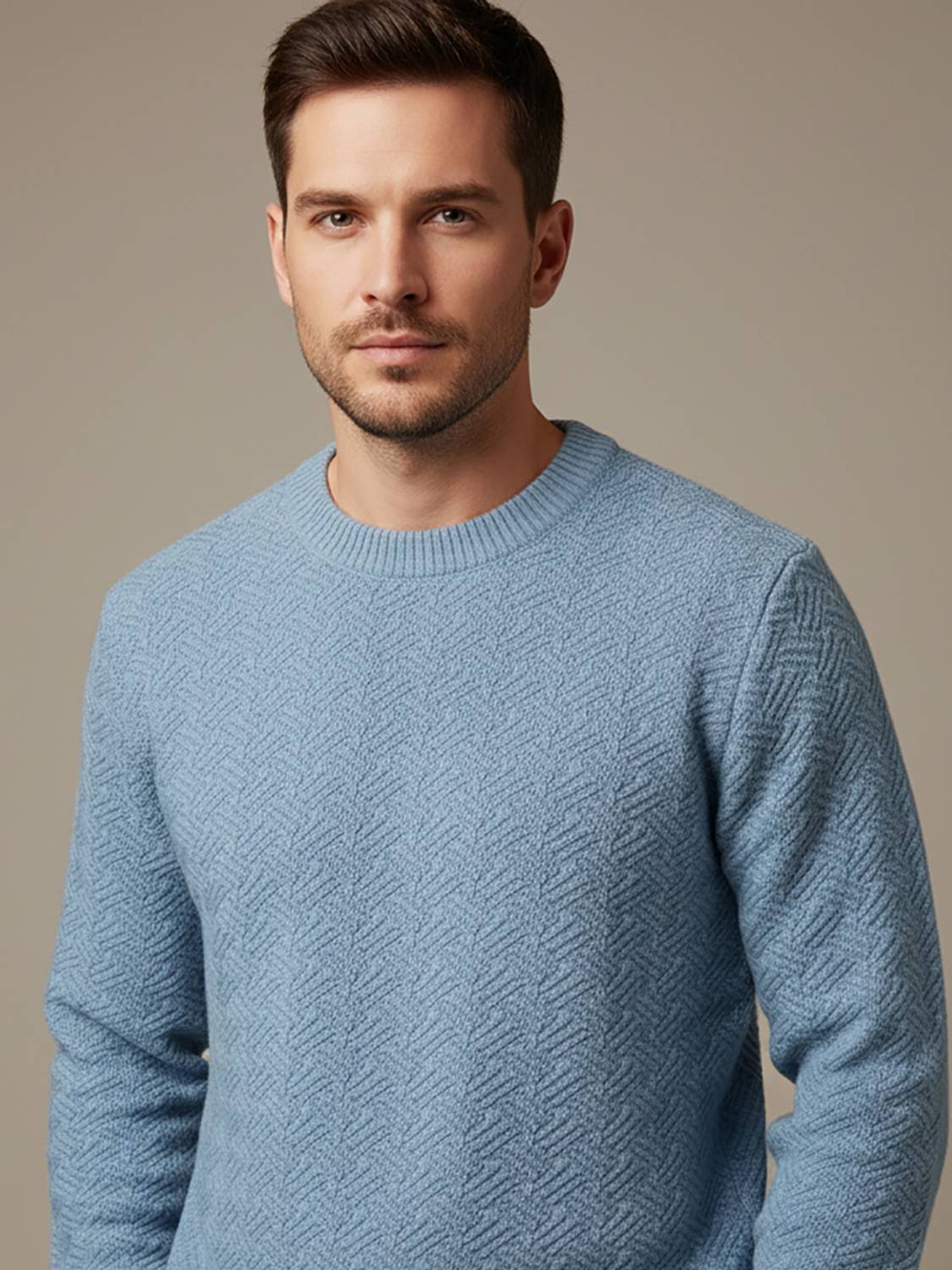AIN6 Self Design Round Neck Casual Men Light Blue Sweater