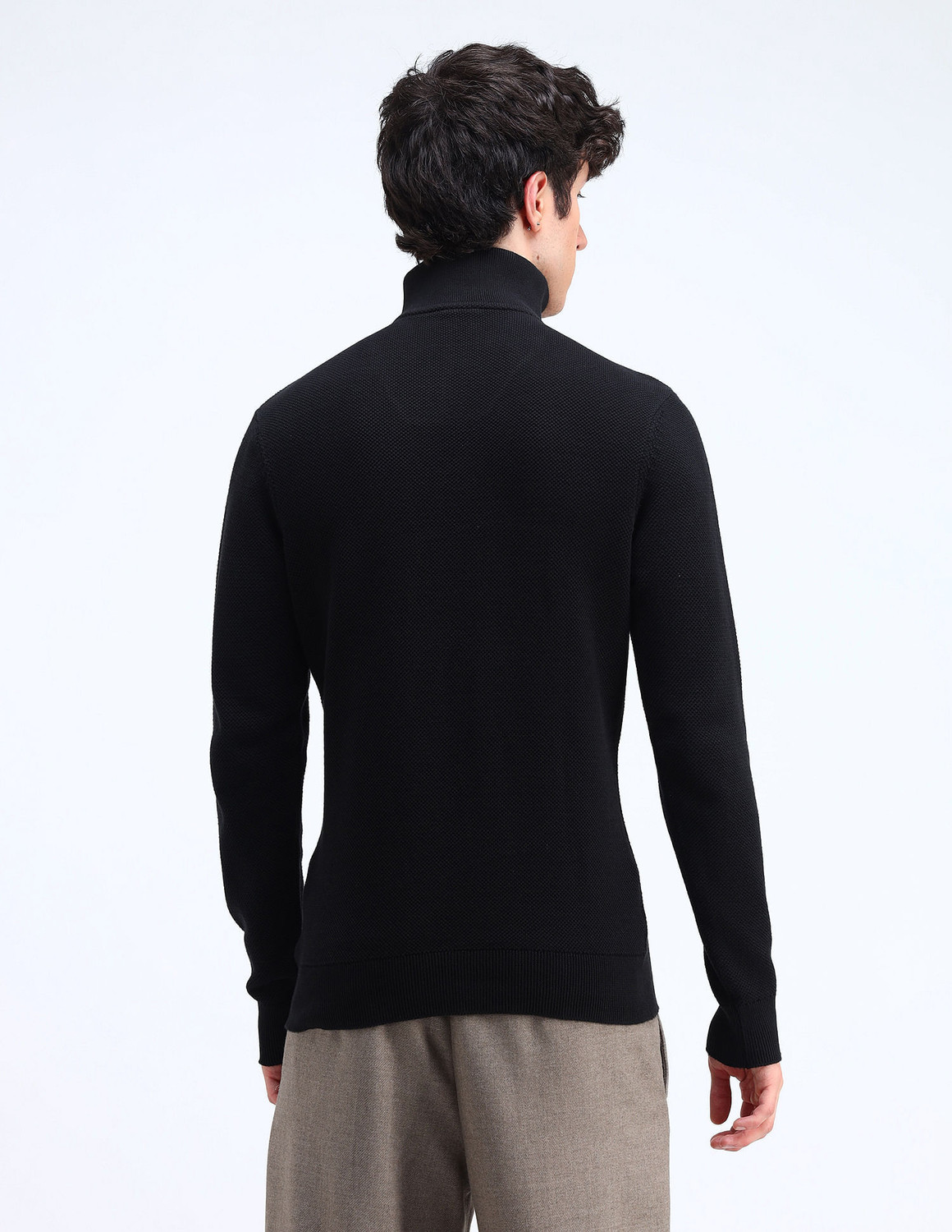 Image of FLYING MACHINE Solid High Neck Casual Men Black Sweater