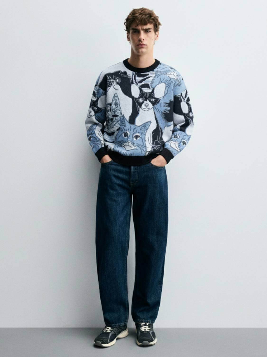 HIGHLANDER Men Blue Printed Round Neck Casual Sweater - Image 3