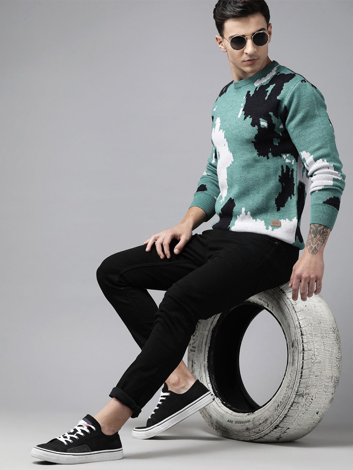 Image of Roadster Printed Round Neck Casual Men White Sweater