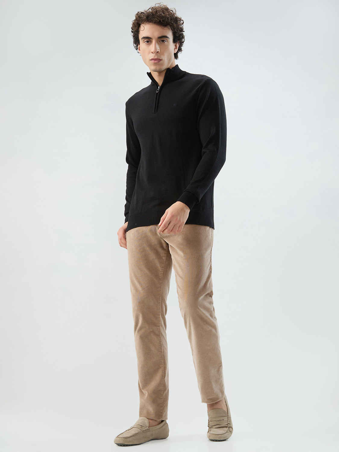 Image of Raymond Solid Collared Neck Casual Men Black Sweater