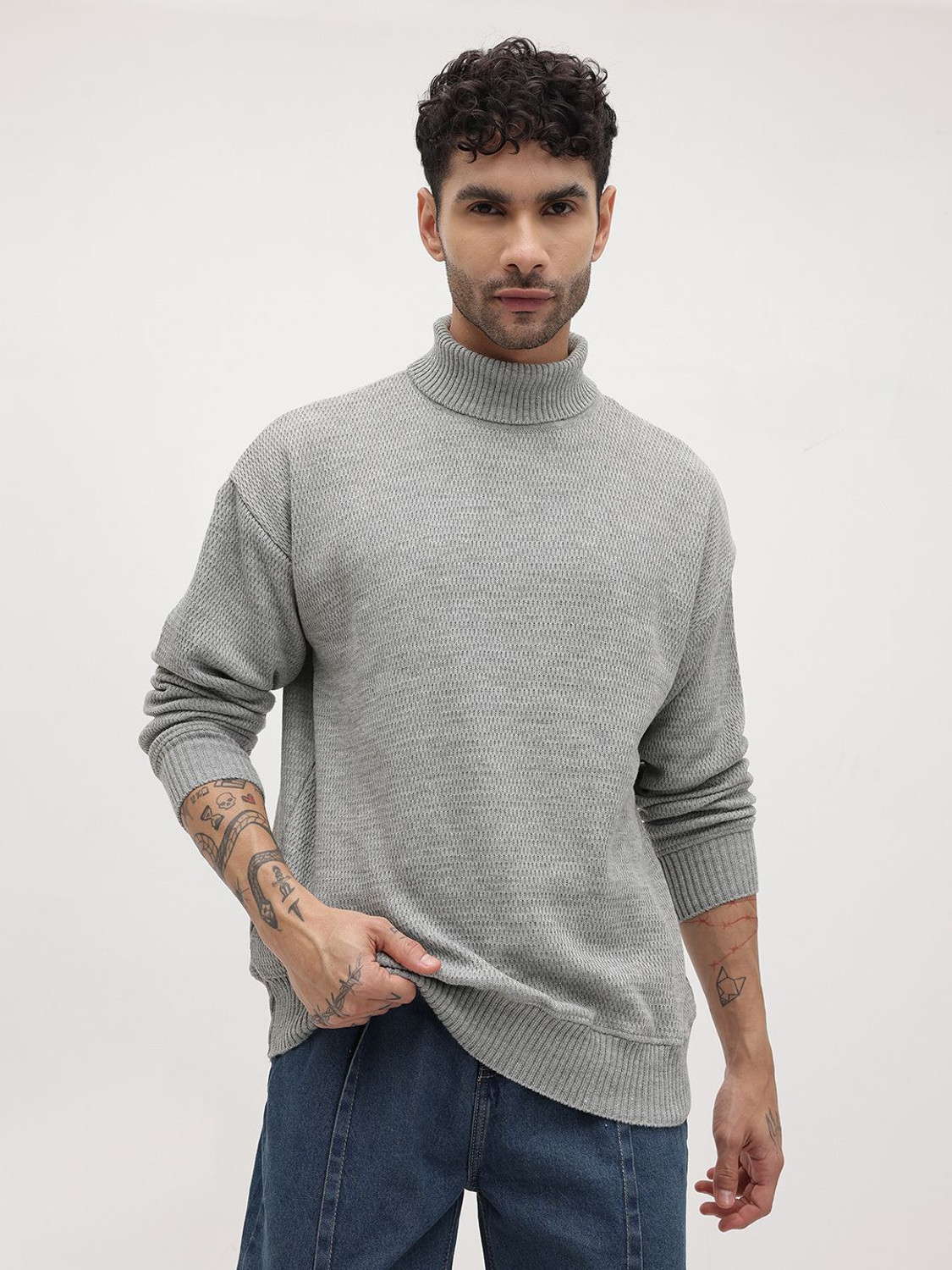 Image of Roadster Solid Turtle Neck Casual Men Grey Sweater