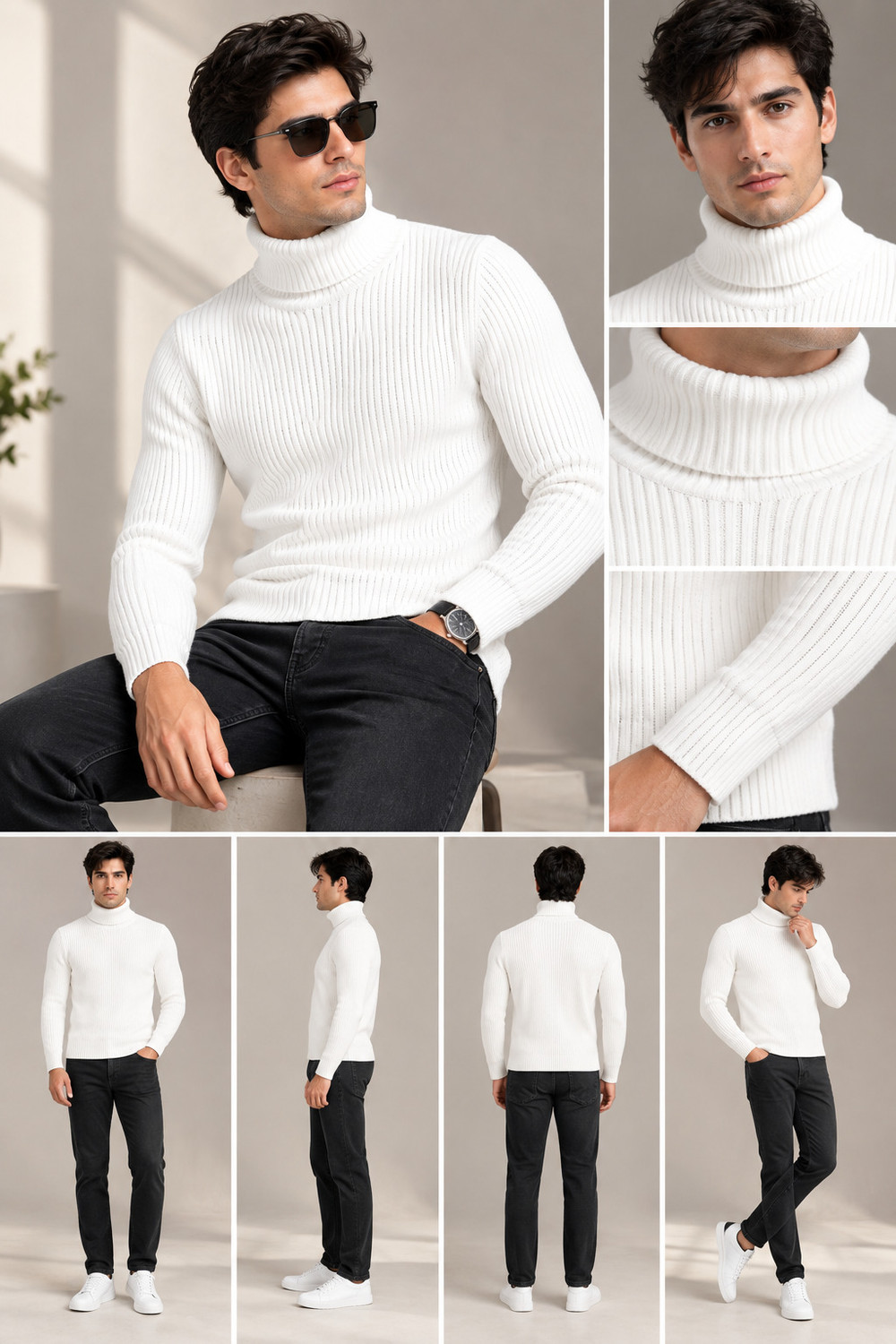 Image of Alltribe Men Solid High Neck White Sweater