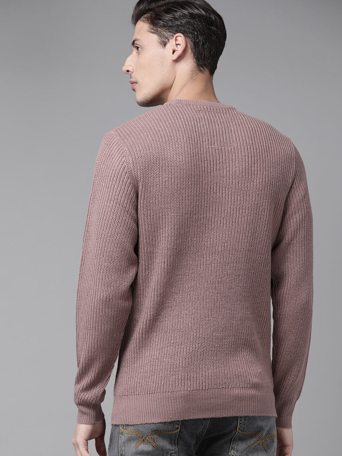 Image of Roadster Woven Round Neck Casual Men Pink Sweater