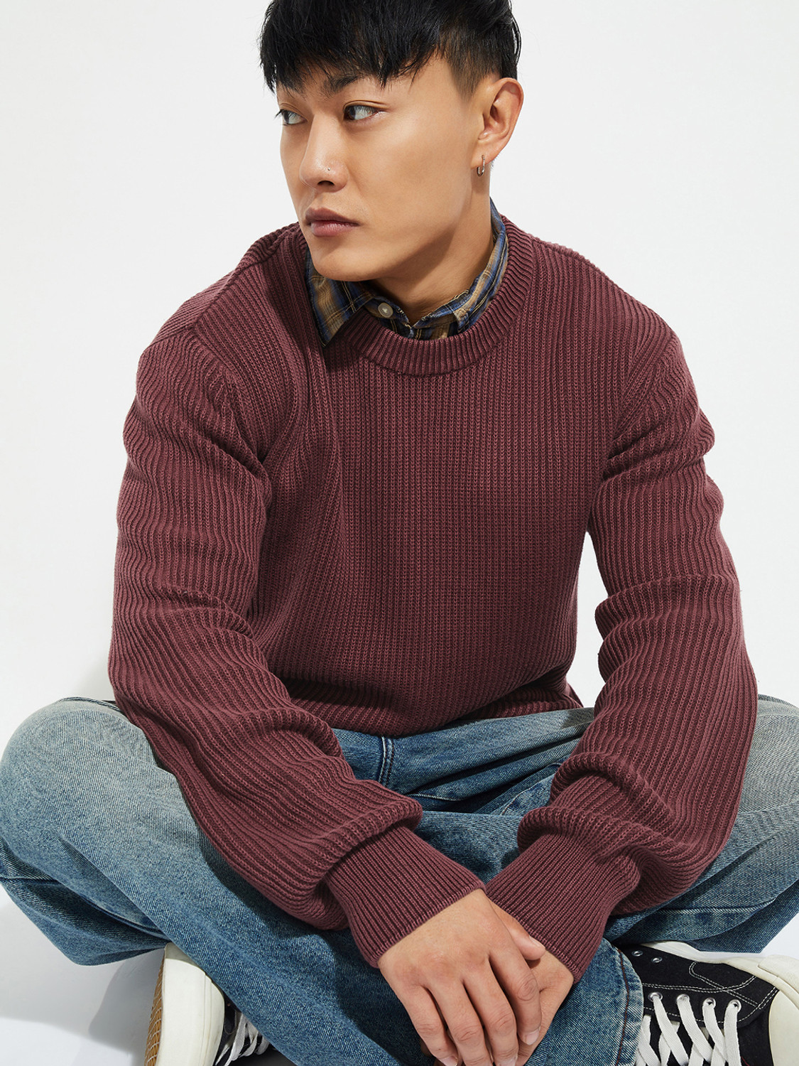 Image of MAX Self Design Round Neck Casual Men Red Sweater