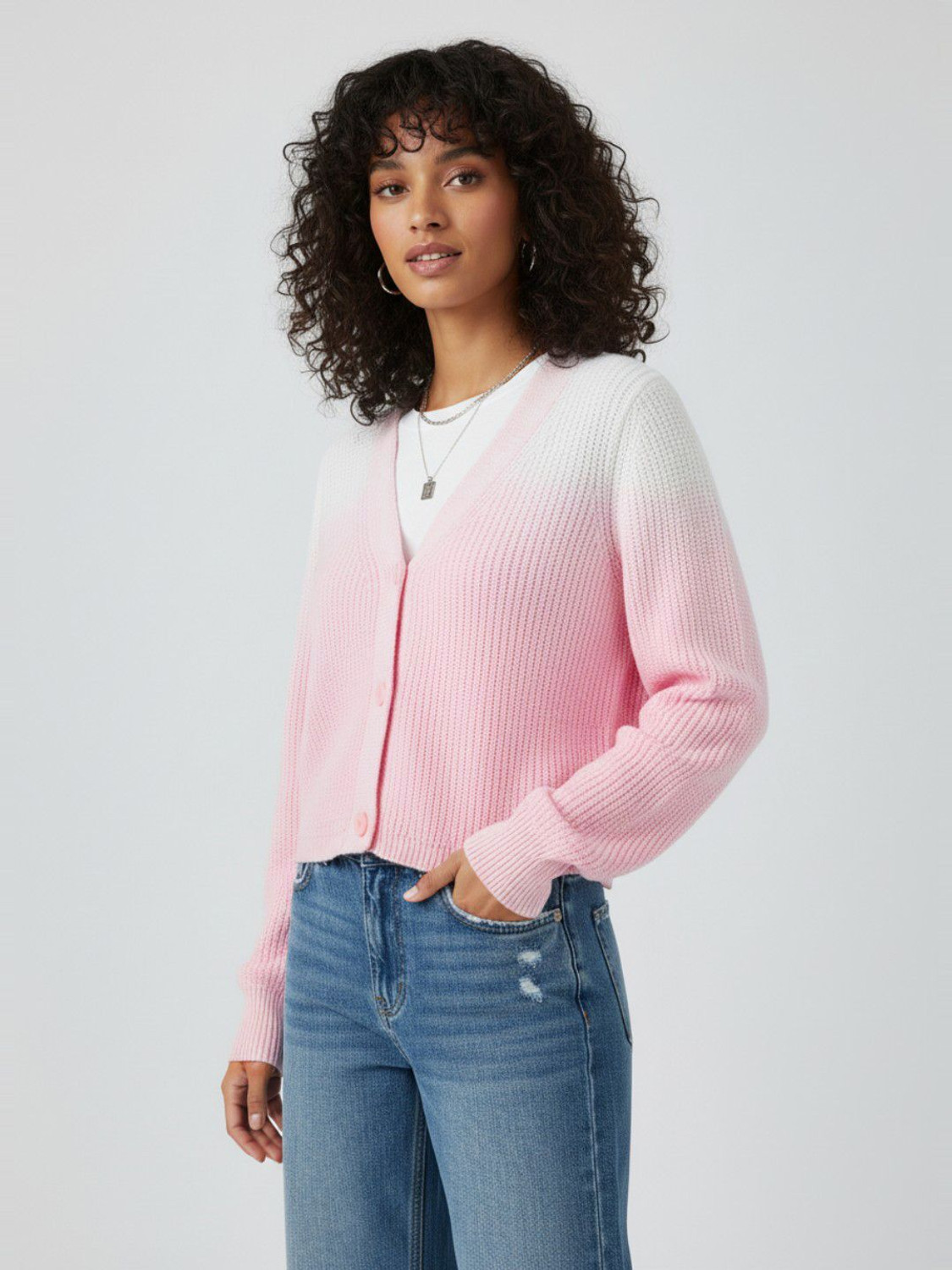 Image of Glitchez Self Design V Neck Casual Women White, Pink Sweater