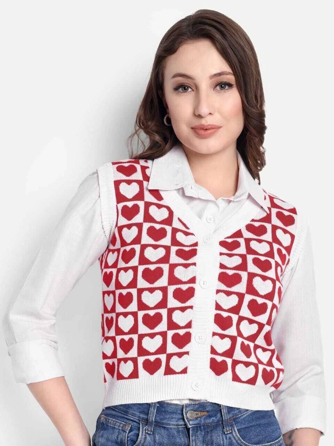 Aarnits Printed V Neck Casual Women Red, White Sweater