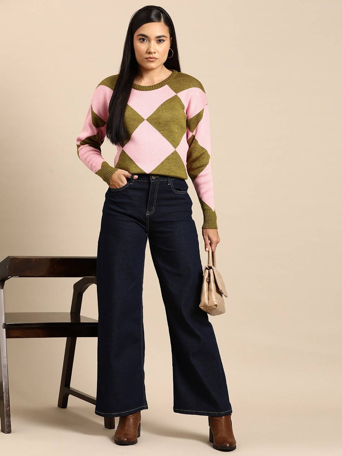 all about you Checkered Round Neck Casual Women Green, Pink Sweater