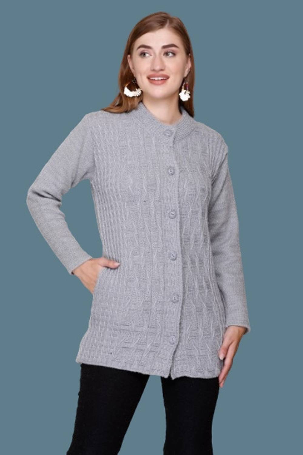 Biwu Self Design Crew Neck Casual Women Grey Sweater