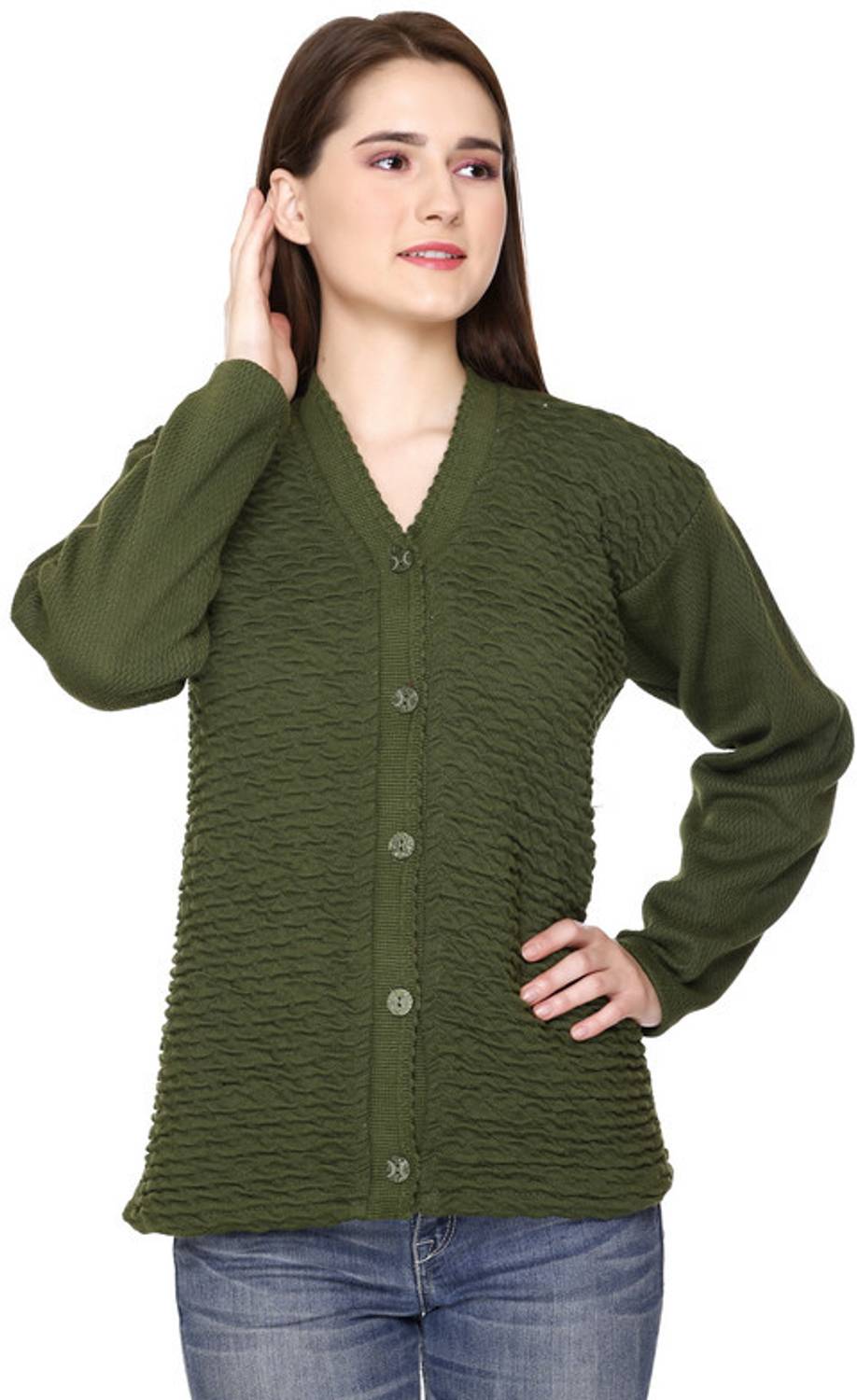 ENOV Woven V Neck Casual Women Green Sweater