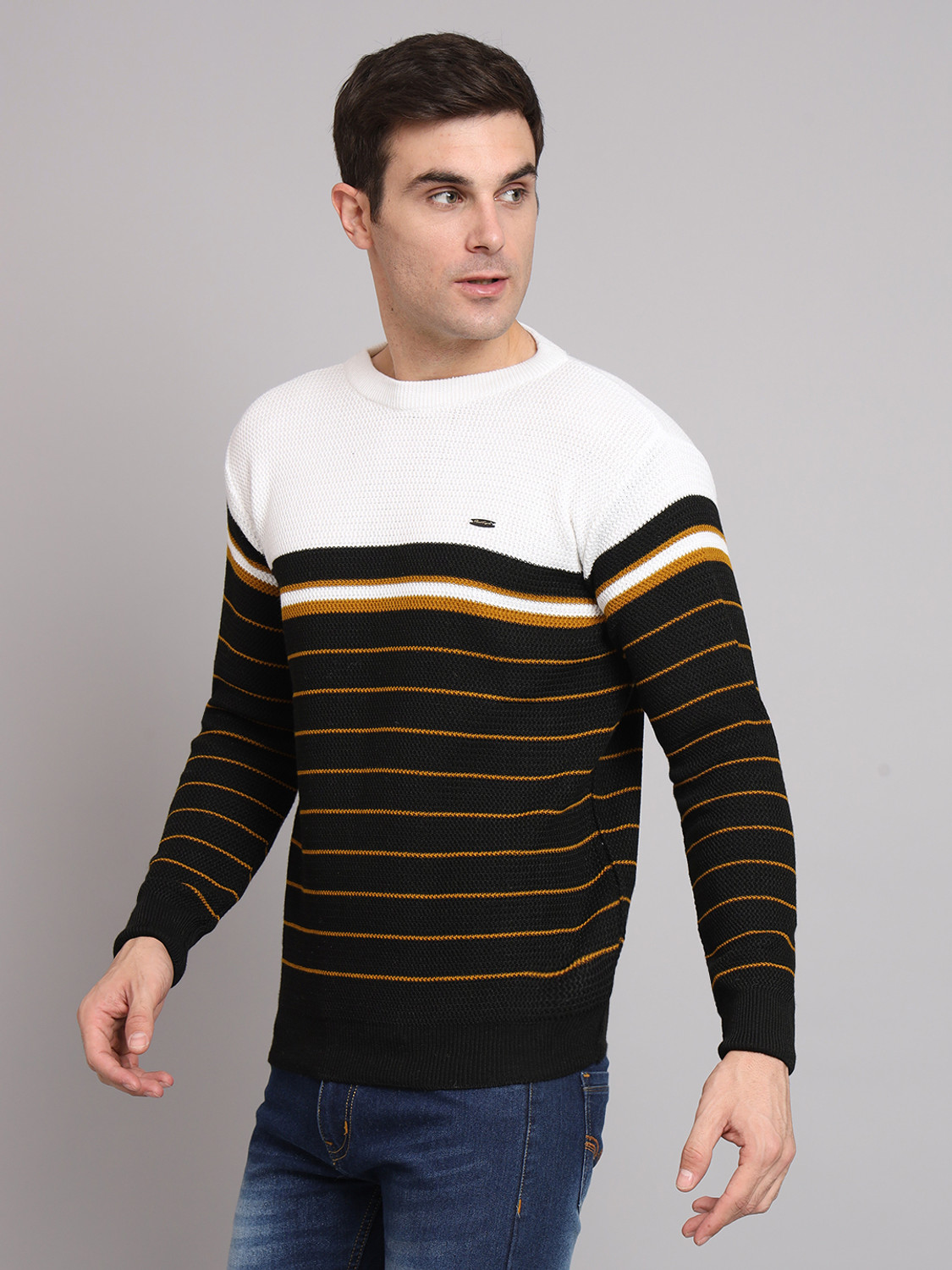 Image of eWools Striped Round Neck Casual Men White Sweater