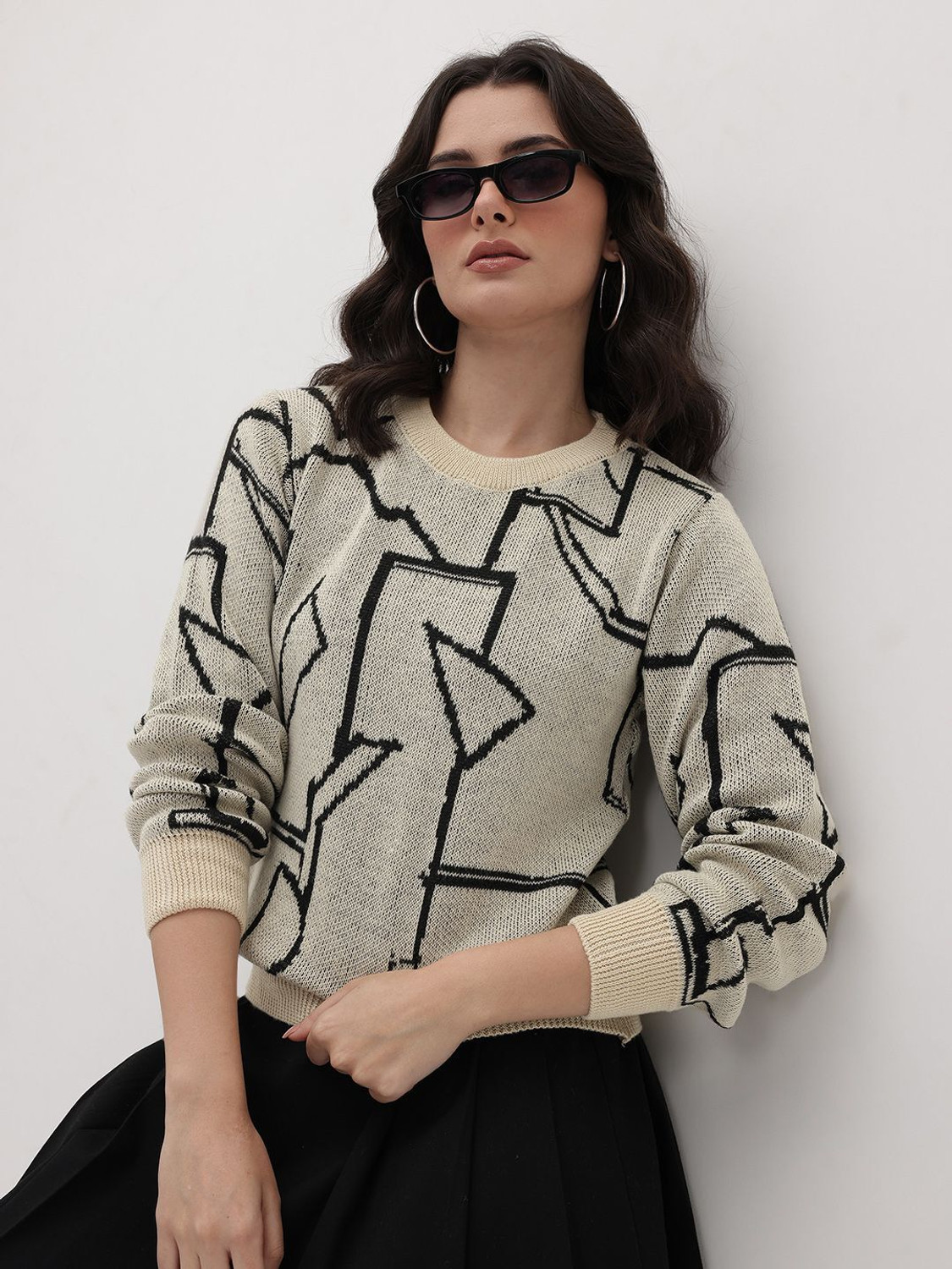 Roadster Self Design Round Neck Casual Women Beige Sweater
