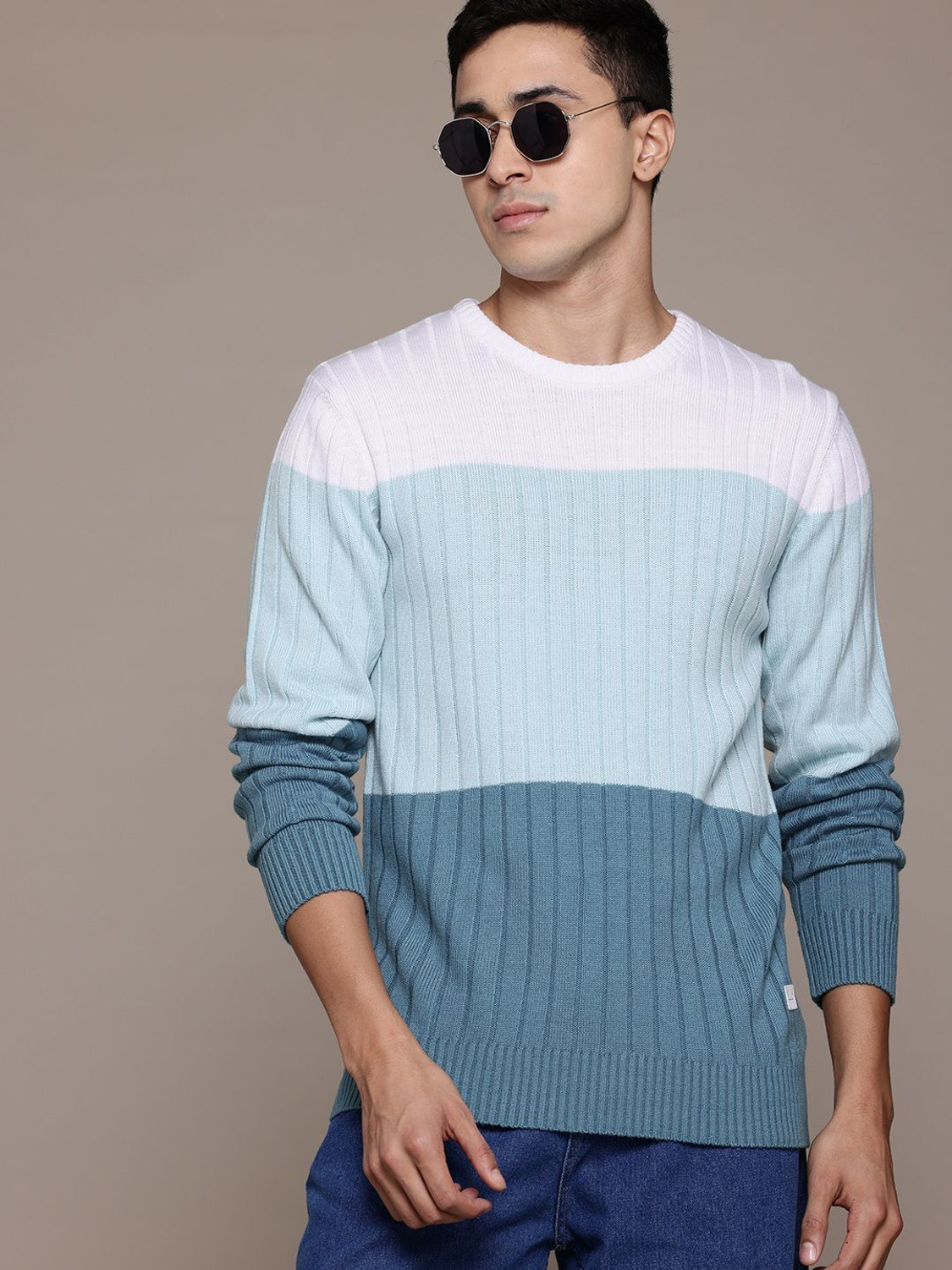 Image of Roadster Colorblock Round Neck Casual Men Blue Sweater
