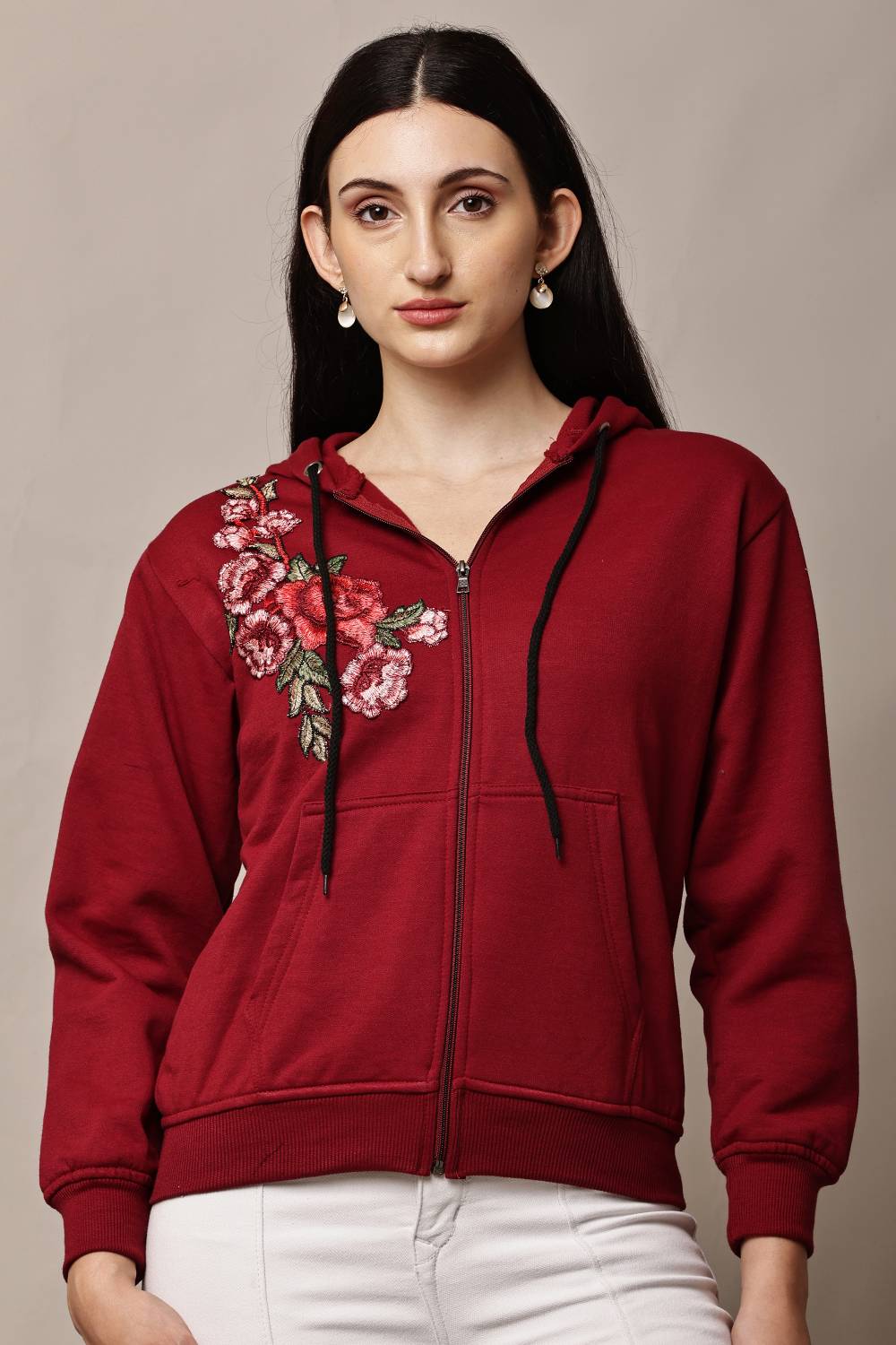 Beautylife Full Sleeve Embroidered, Solid Women Sweatshirt