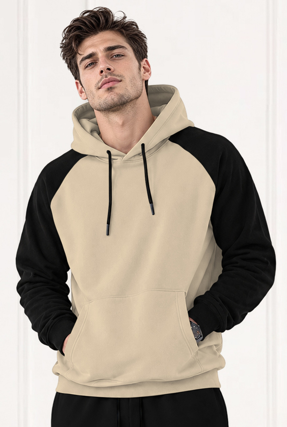 Image of MADBROS Men Colorblock Hooded Neck Beige, Black Sweater