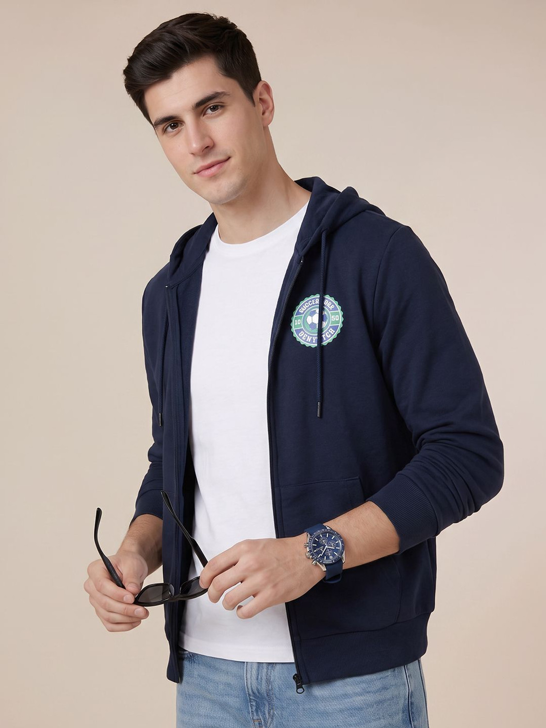 Image of United Colors of Benetton Men Full Sleeve Solid Hooded Sweatshirt