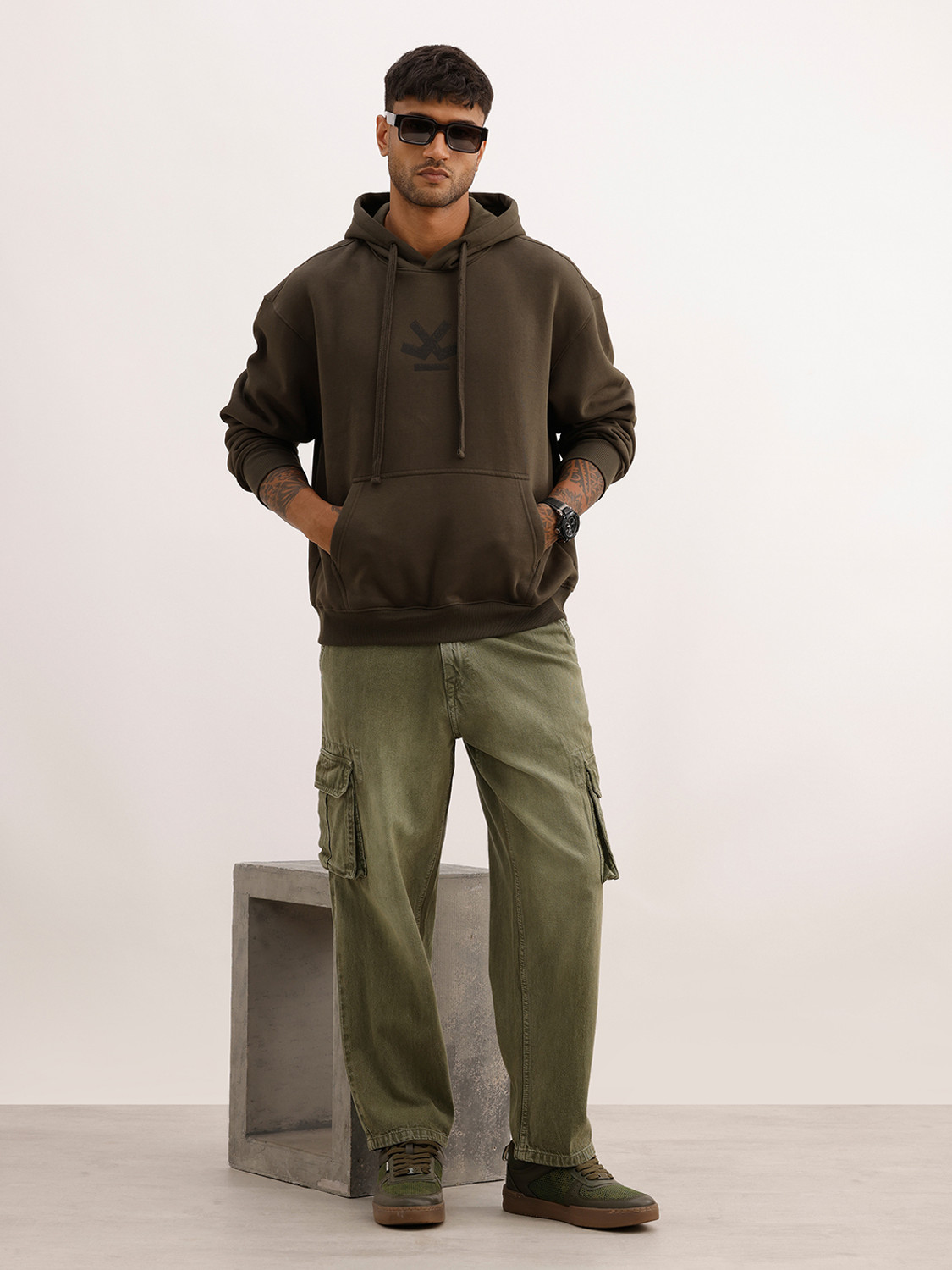 Image of WROGN Men Full Sleeve Printed Hooded Sweatshirt