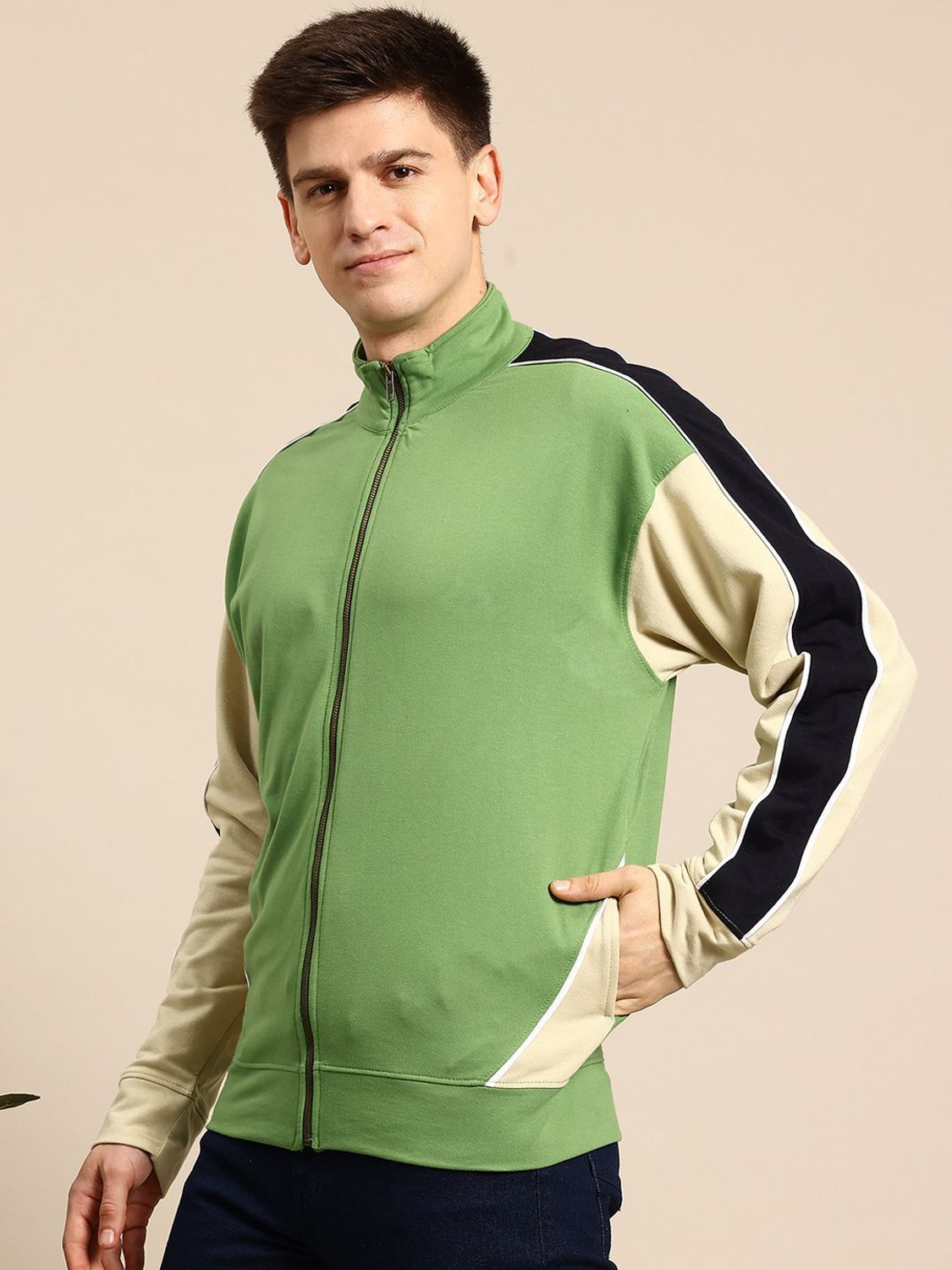 Image of Mast & Harbour Men Full Sleeve Solid, Striped Sweatshirt