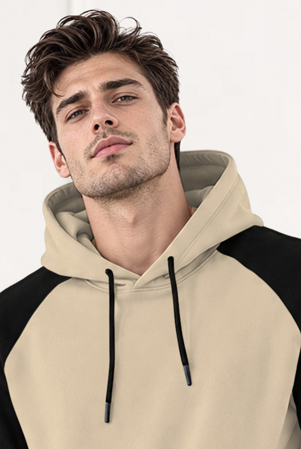 Image of MADBROS Men Colorblock Hooded Neck Beige, Black Sweater