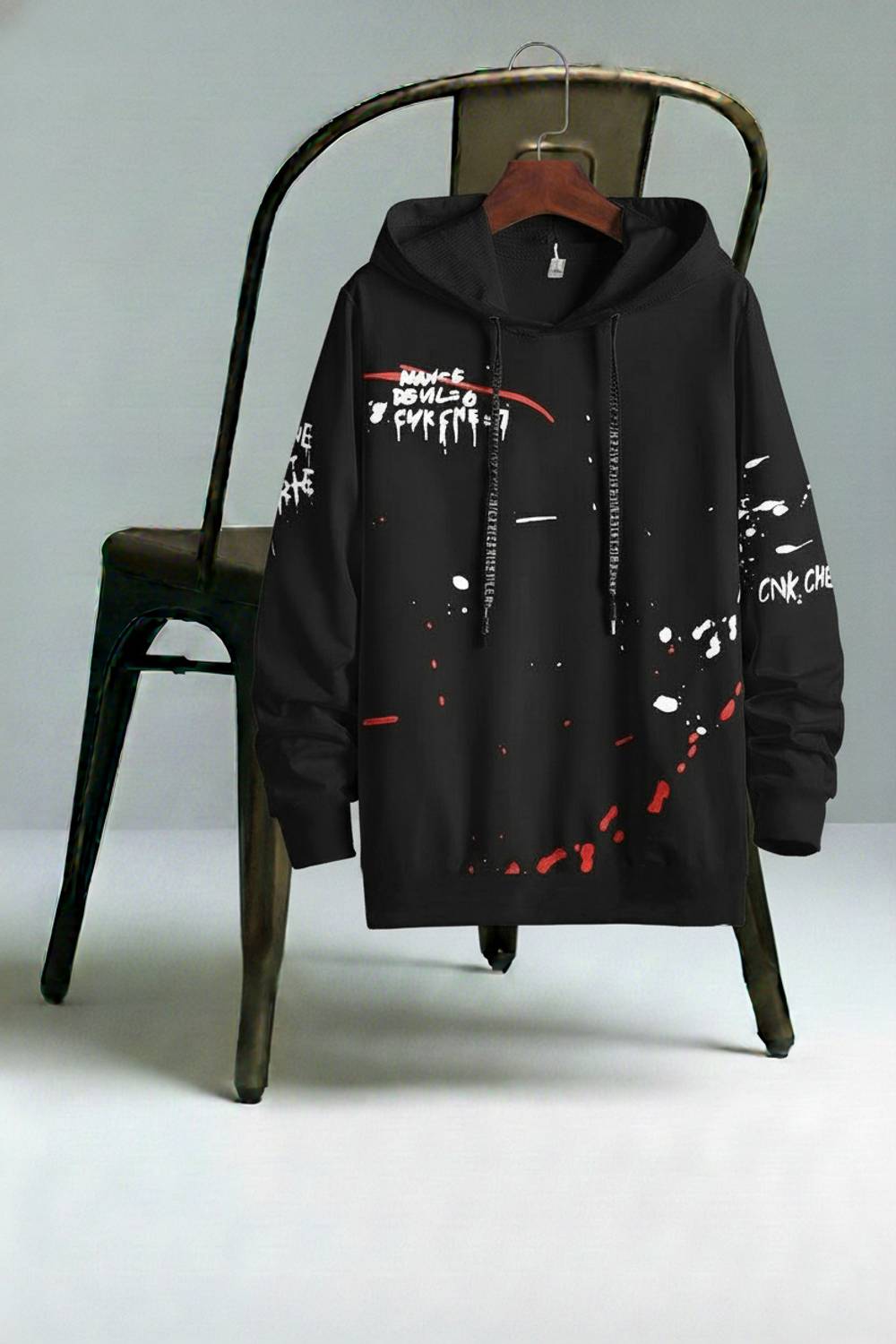 Try This Men Printed Hooded Neck Cotton Blend Black T-Shirt