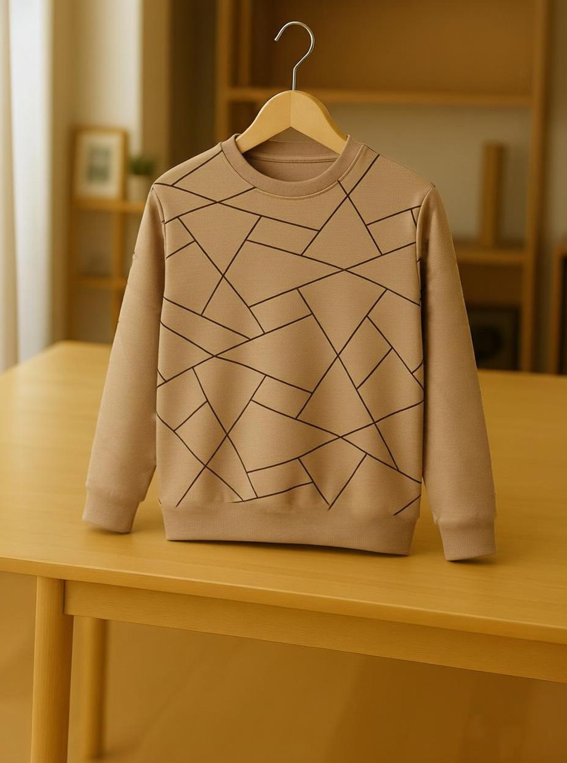 Image of Try This Geometric Print Men Round Neck Beige T-Shirt