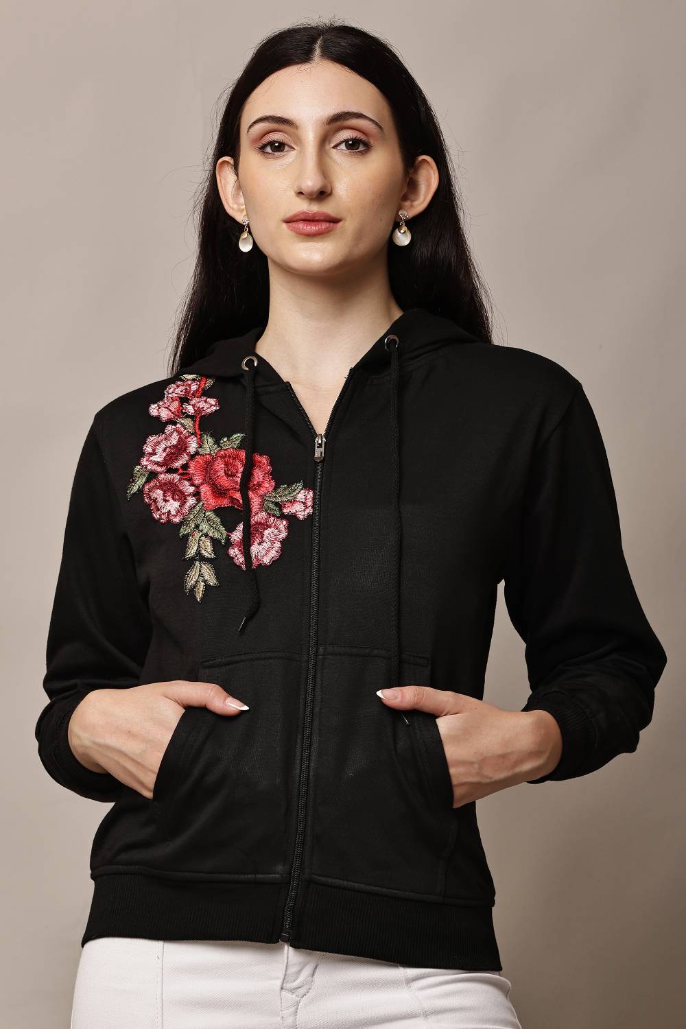 Beautylife Full Sleeve Embroidered, Solid Women Sweatshirt