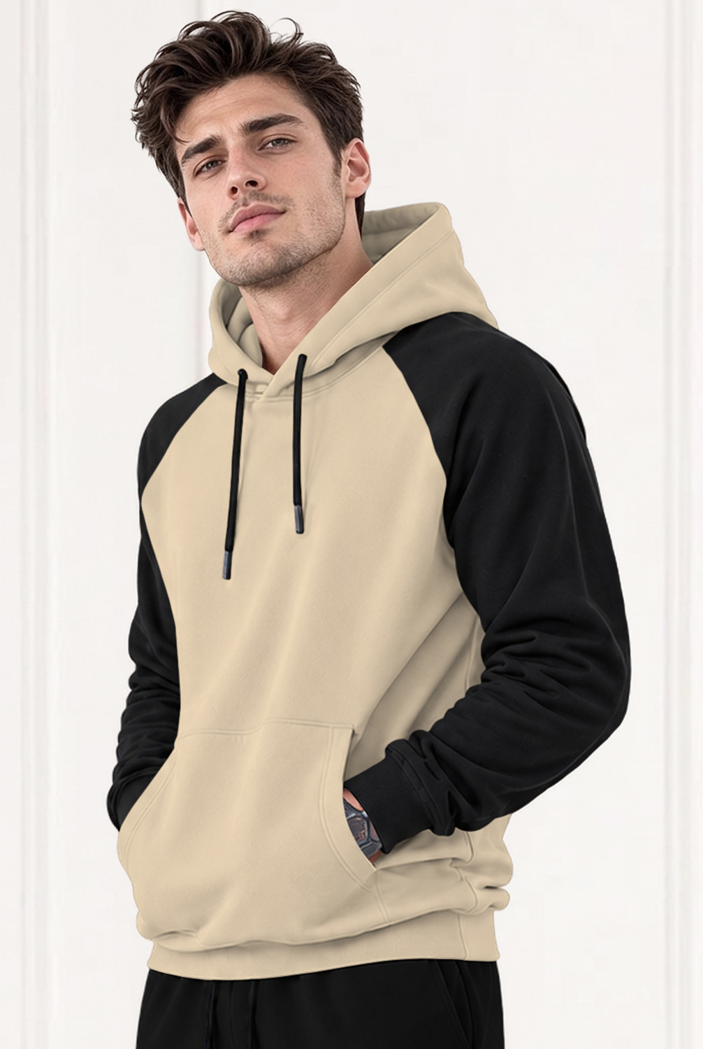 Image of MADBROS Men Colorblock Hooded Neck Beige, Black Sweater