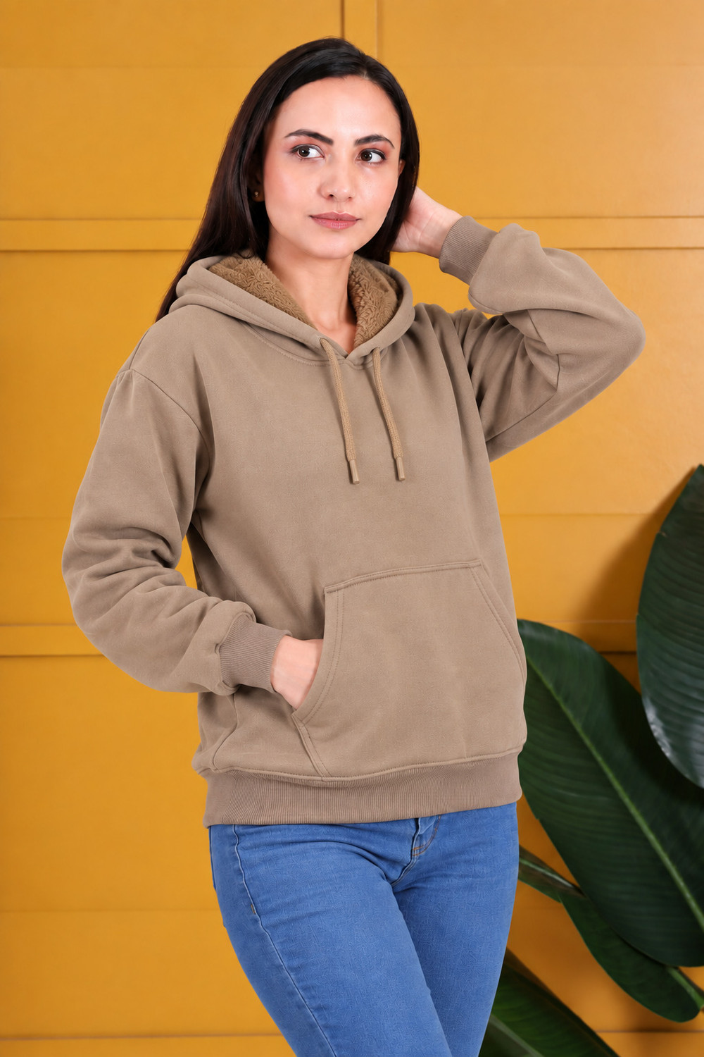 Image of kshs Women Full Sleeve Solid Hooded Sweatshirt