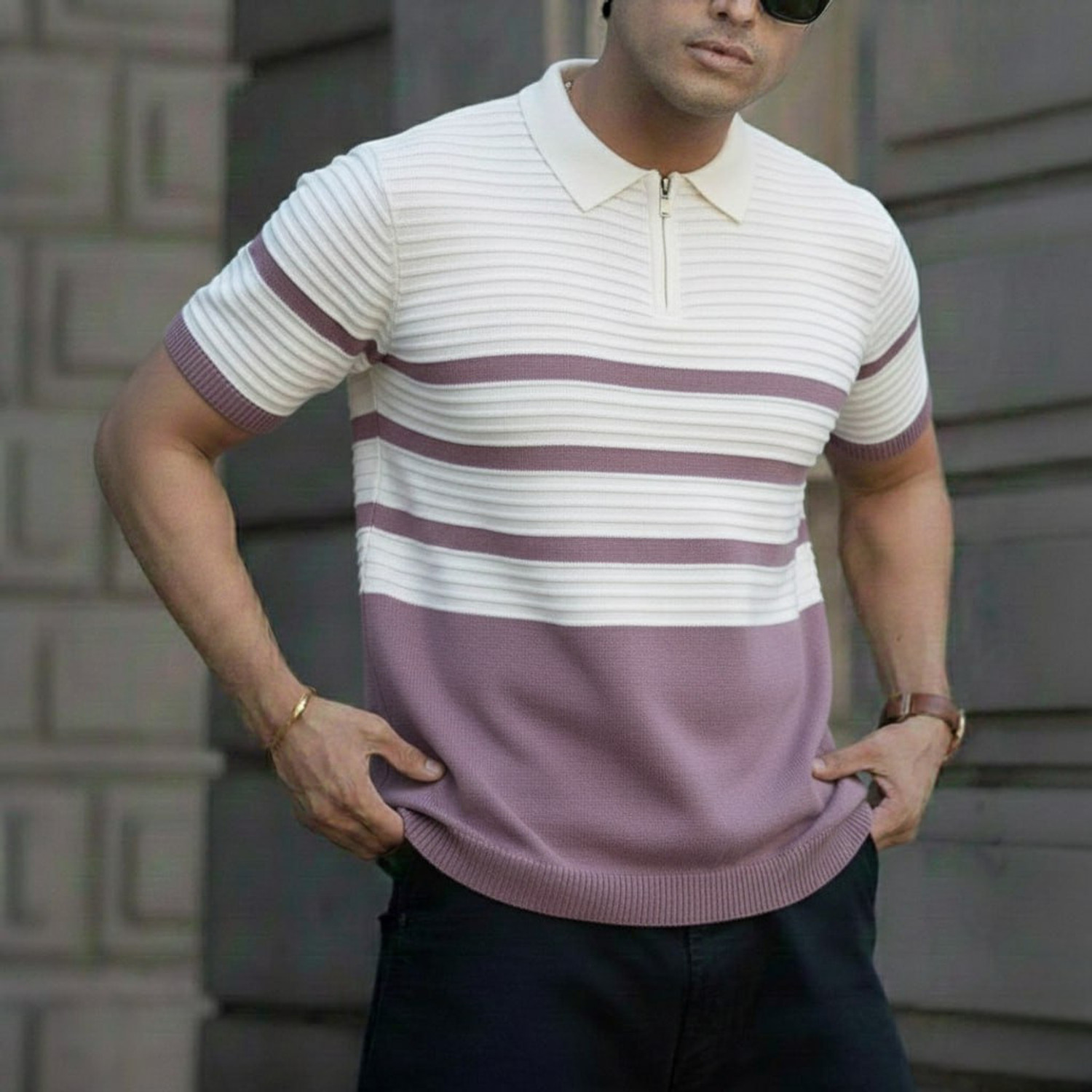 Image of Lolark Striped Round Neck Casual Men Pink Sweater