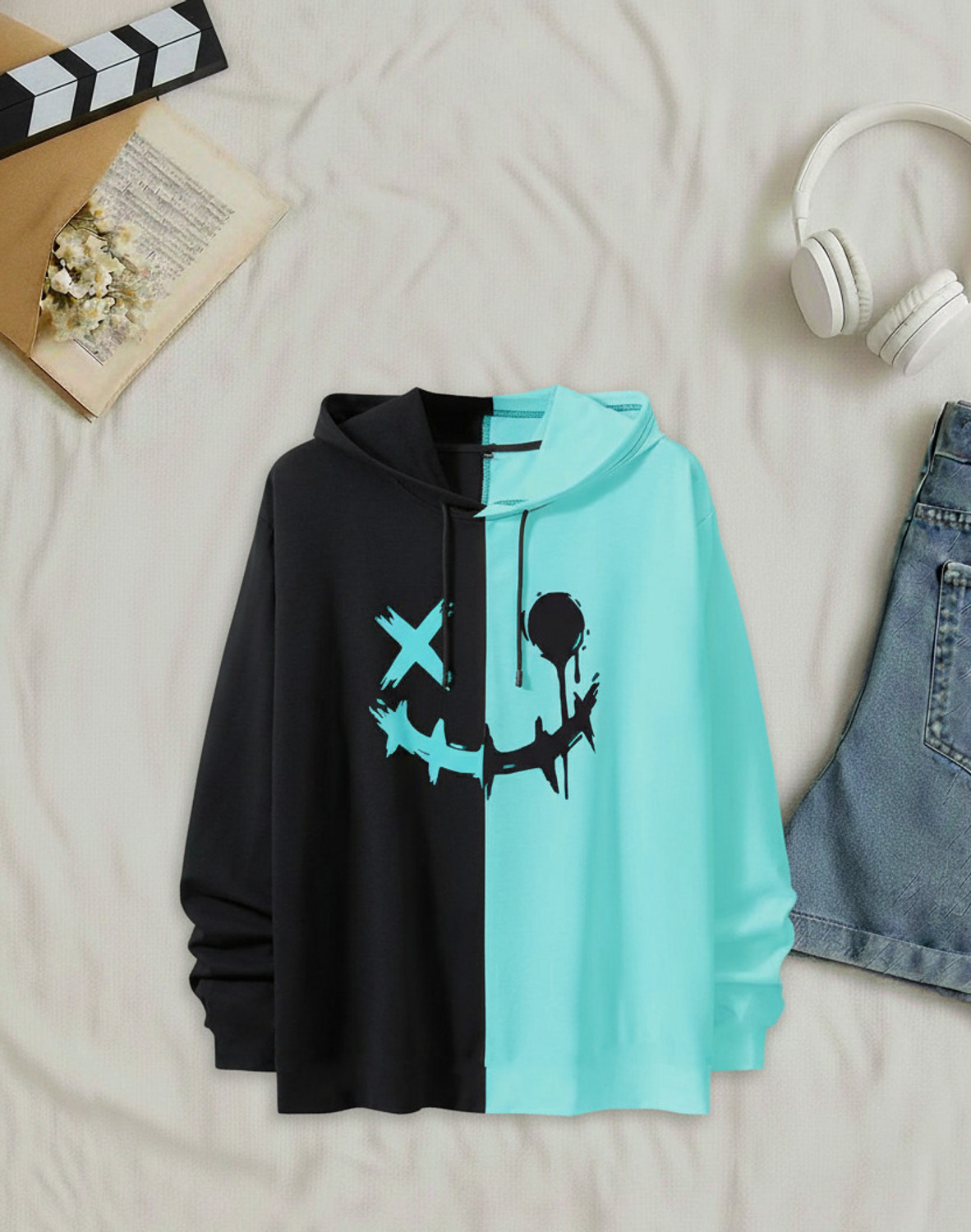 Image of Try This Colorblock Men Hooded Neck Light Green T-Shirt