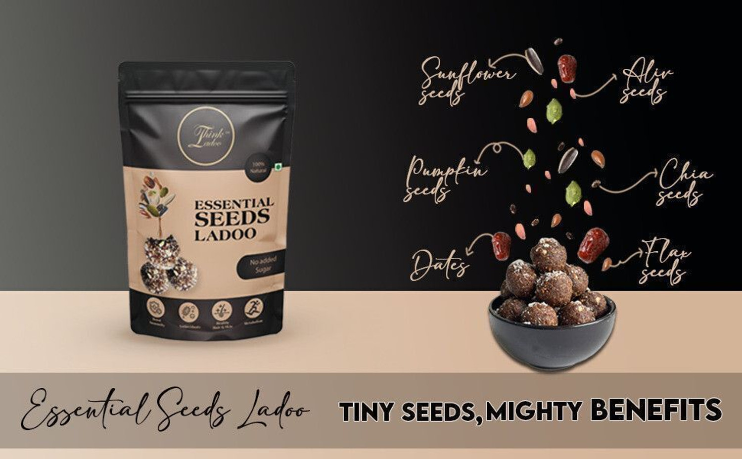 Image of Think Ladoo Essentials Seeds Ladoo | Healthy, No Added Sugar, 100% Vegetarian, 20 Pcs Pouch