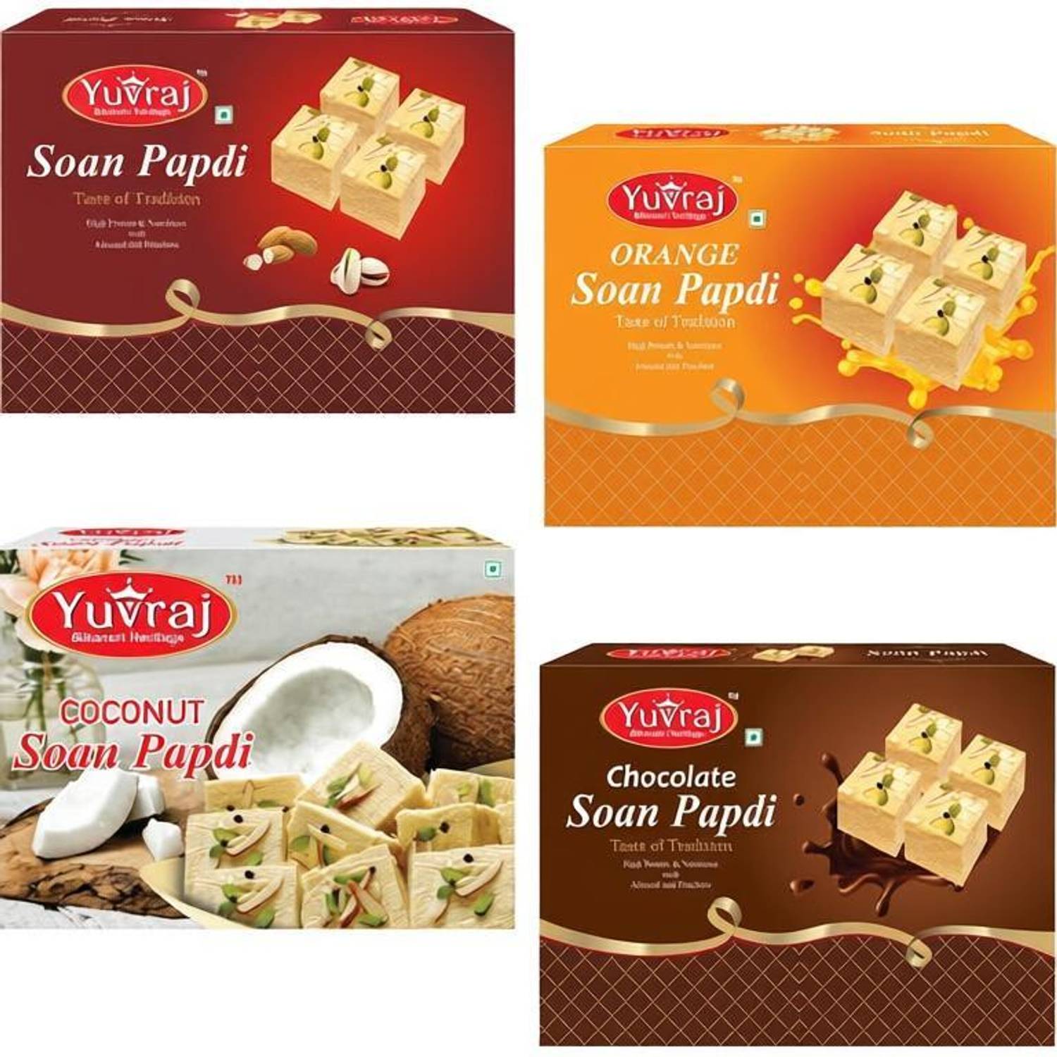 Yuvraj Food Product soan papadi Combo mix (Coconut ,Chocolate , Orange & Elaichi ) ( 250 Gm x 4 )