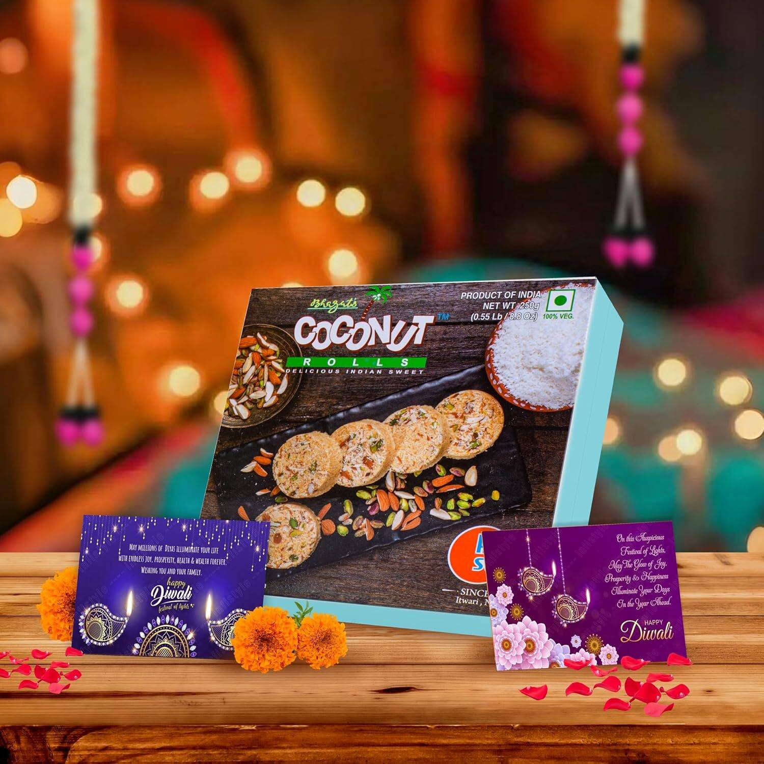 Bhagat's Coconut Flavoured Son Roll 250g | 2 Greeting Cards