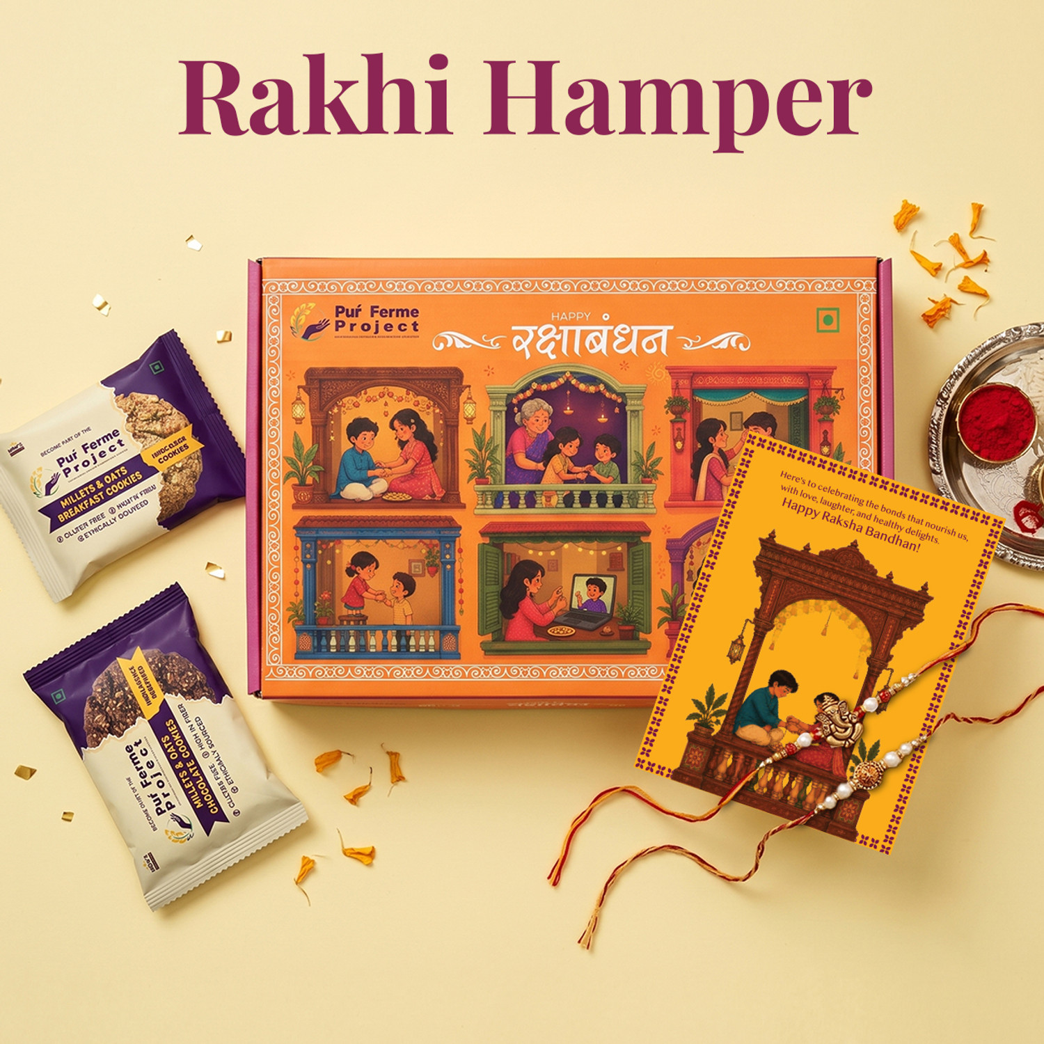 PurFerme Project Bhaiya Bhabhi Rakhi Gift Hamper for Brothers & Sisters | Millets, Oats & Cocoa Cookies Kundan Rakhi, Chawal Roli Pack Set (8 Cookies, 2 Rakhi, 1 Roli, Chawal, 1 Card)