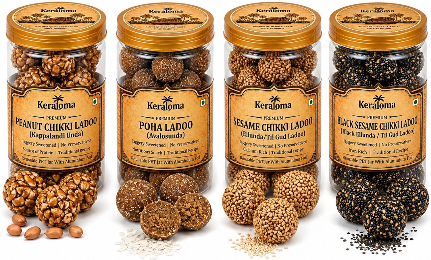 Keraloma Premium Traditional Ladoo Combo Peanut Poha Sesame Black Sesame Sweet Pack