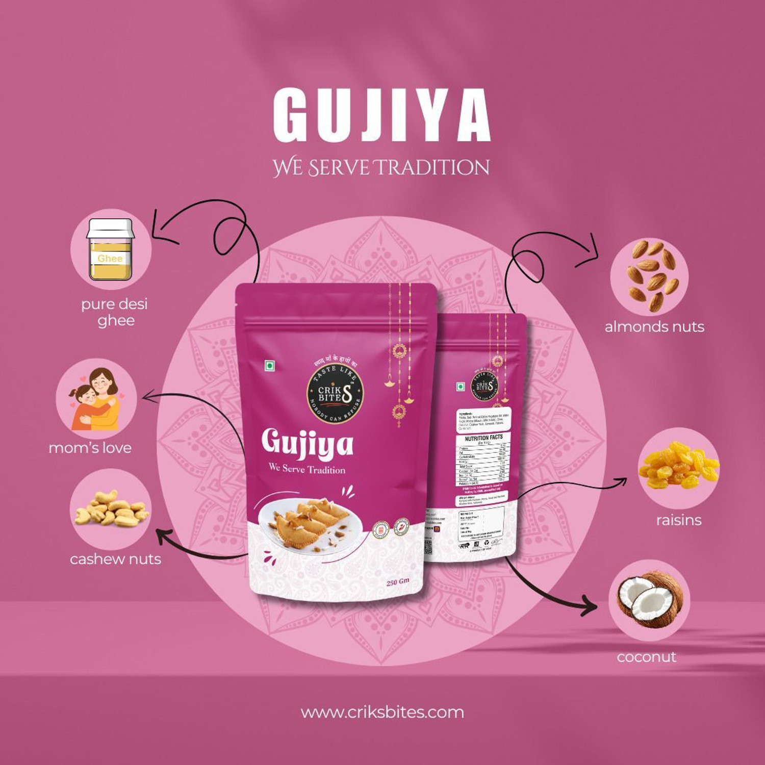 Image of CRIKSBITES Sweet Homemade Gujia /Ghujiya Sweets Holi Special Indian Mithai /Sweet Pouch
