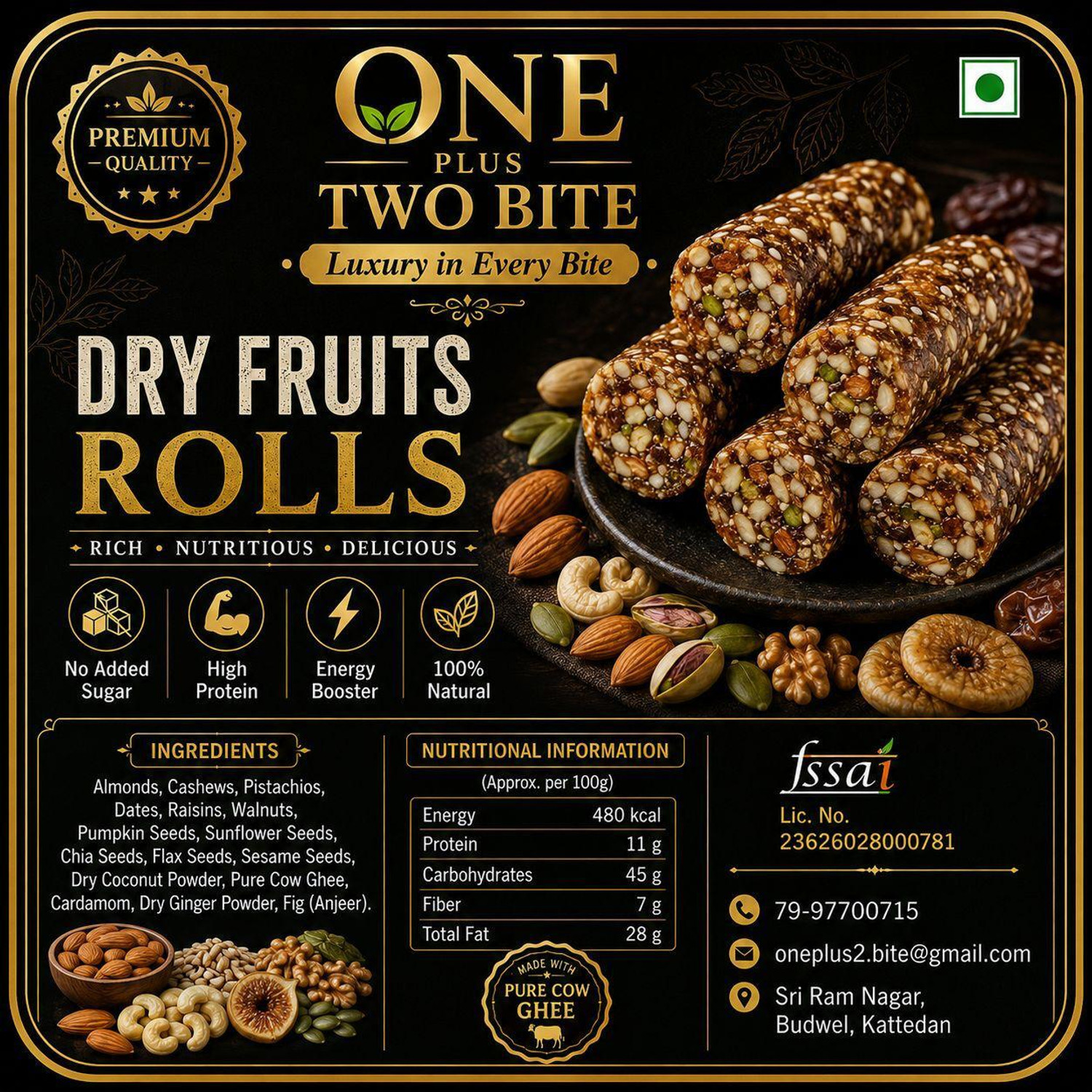Image of ONE PLUS TWO BITE Premium Dry Fruit Rolls No Added Sugar Mixed Nuts Seeds Healthy Snack Pack