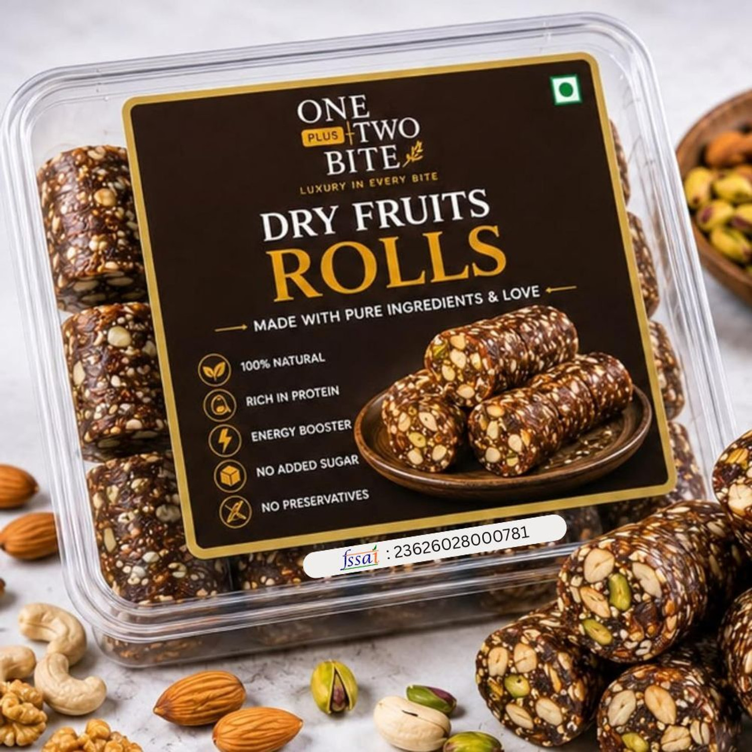 Image of ONE PLUS TWO BITE Premium Dry Fruit Rolls No Added Sugar Mixed Nuts Seeds Healthy Snack Pack
